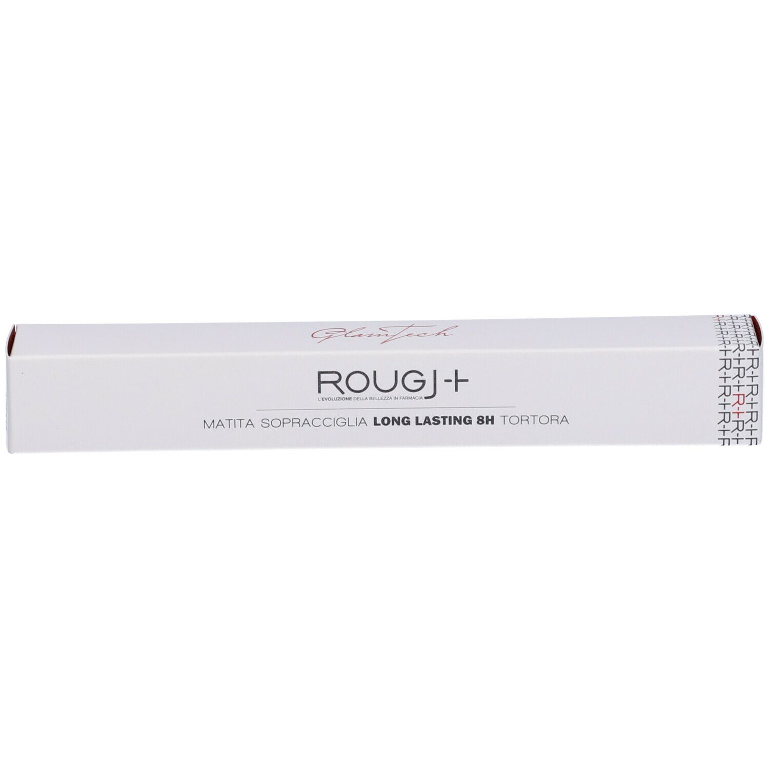 Confezione bianca con nome del prodotto e testo. Scritta: ROUGJ+ MATITA SOPRACCIGLIA LONG LASTING 8H TORTORA.