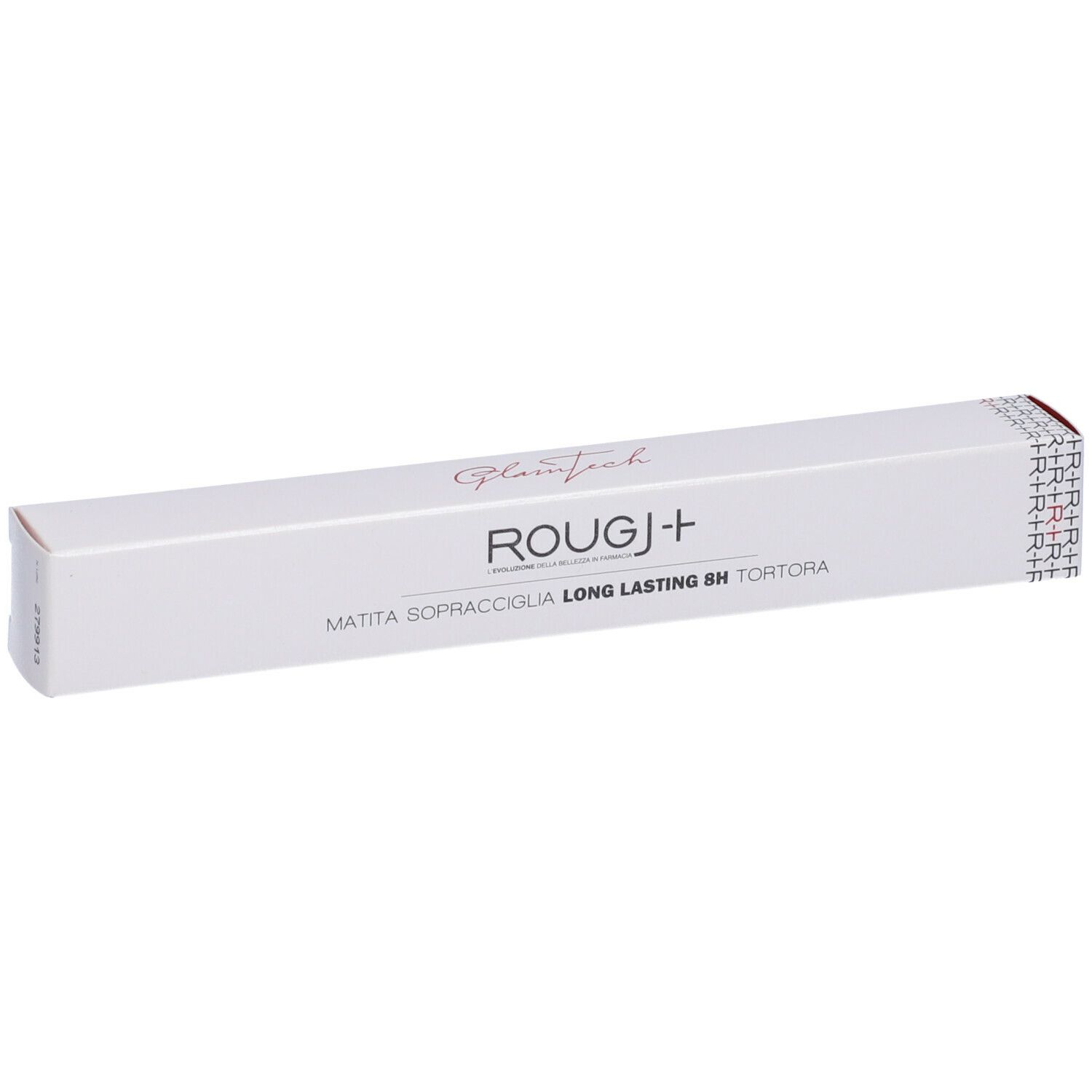 Confezione bianca con nome del prodotto e testo. Scritta: ROUGJ+ MATITA SOPRACCIGLIA LONG LASTING 8H TORTORA.
