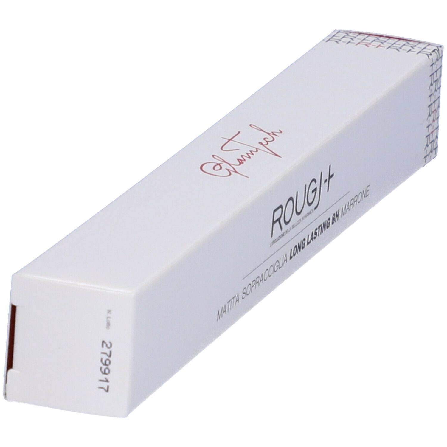 Confezione bianca inclinata con nome del prodotto e scritta. Scritta: MATITA SOPRACCIGLIA LONG LASTING 8H MARRONE.