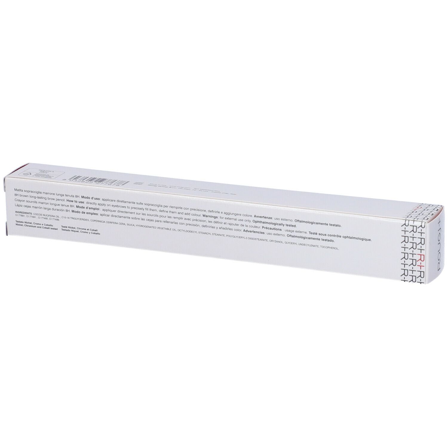 Confezione bianca con testo. Scritta: MATITA SOPRACCIGLIA LONG LASTING 8H MARRONE. Testo in più lingue.