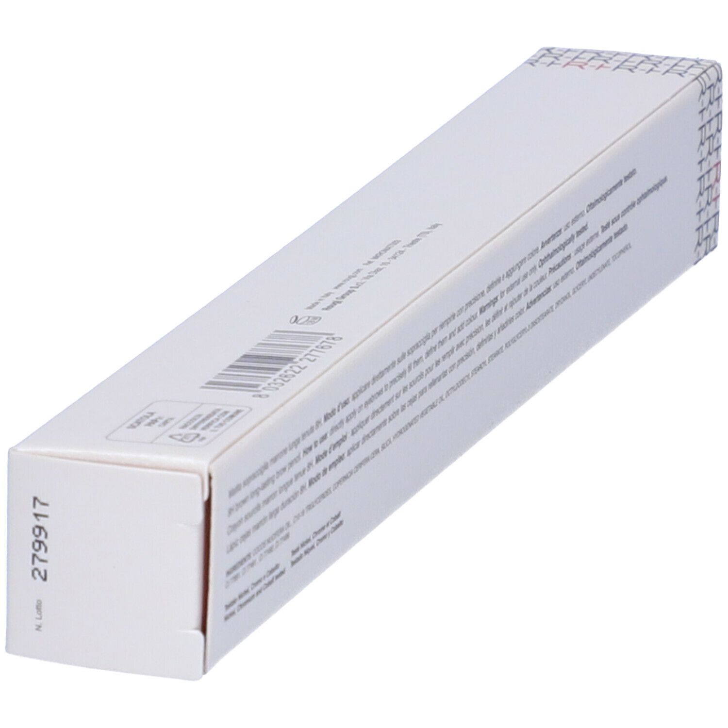 Confezione bianca inclinata con testo. Scritta: MATITA SOPRACCIGLIA LONG LASTING 8H MARRONE. Testo in più lingue.