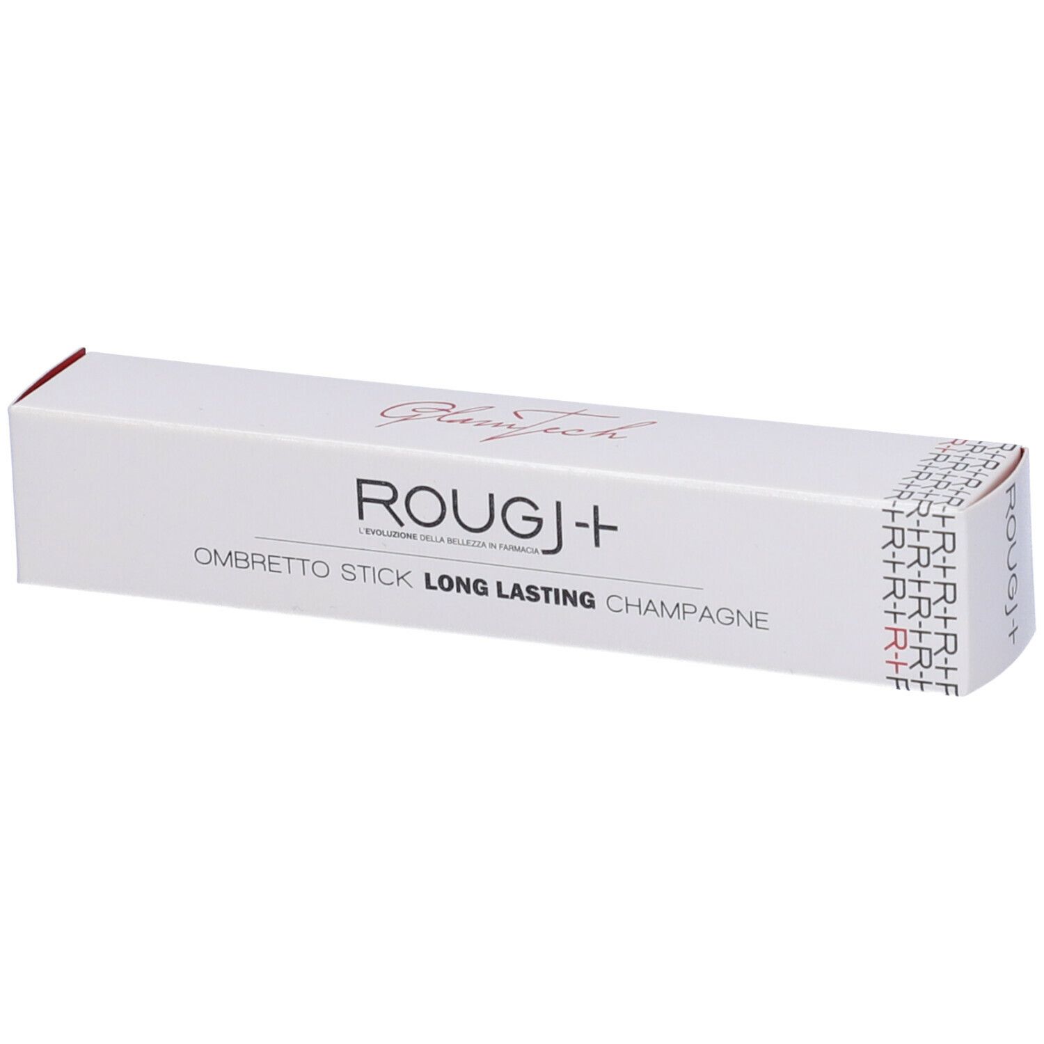 Confezione bianca con nome e logo del prodotto. Testo: Ombretto Stick Long Lasting Champagne. Accento rosso.