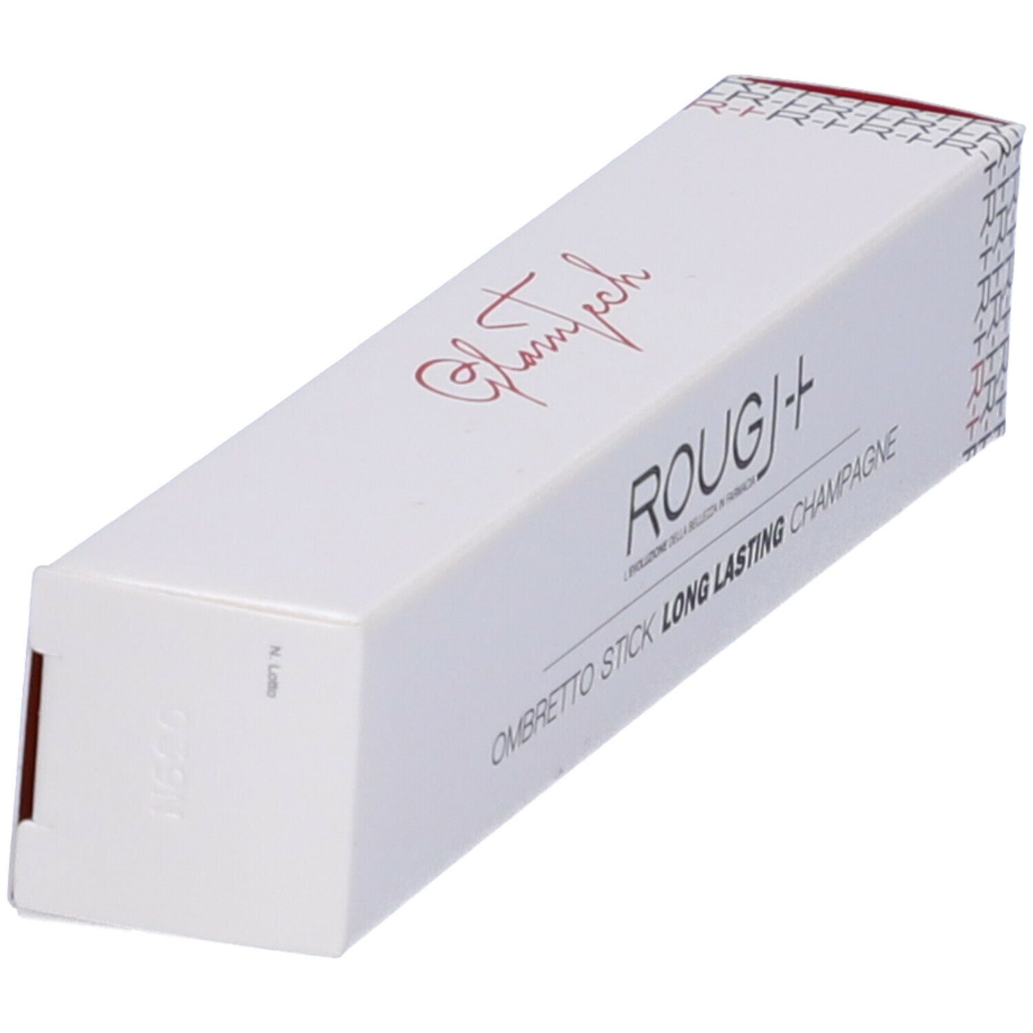 Confezione bianca inclinata. Nome e logo del prodotto visibili. Accento rosso. Scritta: Ombretto Stick Long Lasting Champagne.