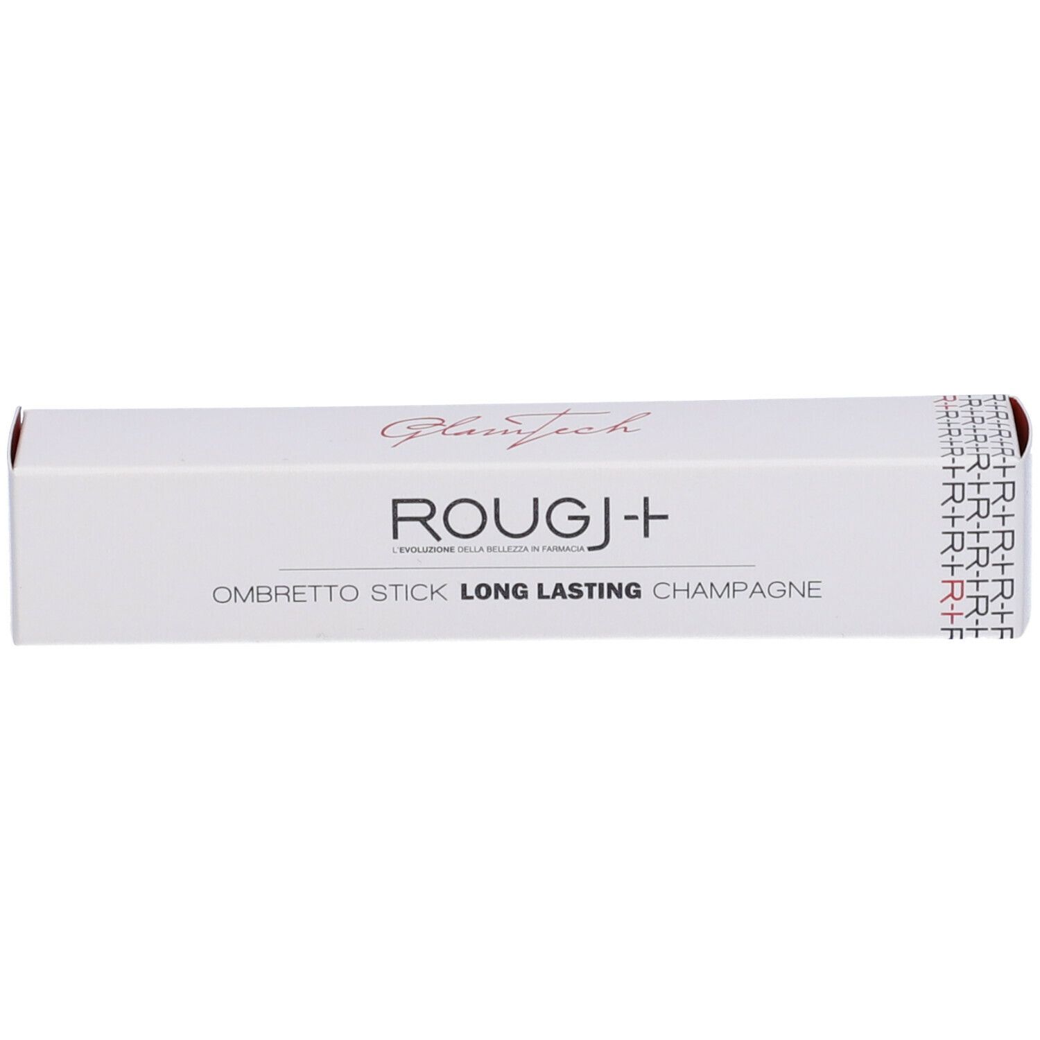 Confezione bianca con nome e logo del prodotto. Testo: Ombretto Stick Long Lasting Champagne. Accento rosso.