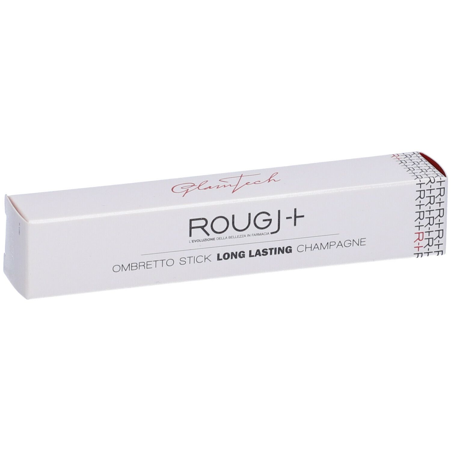 Confezione bianca con nome e logo del prodotto. Testo: Ombretto Stick Long Lasting Champagne. Accento rosso.