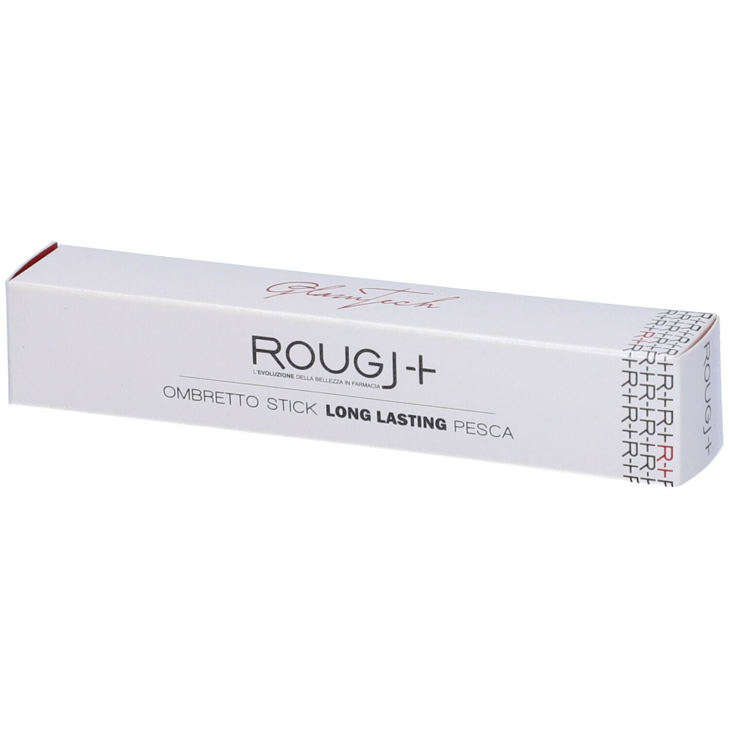 Confezione bianca con nome del prodotto e scritta. Scritta: ROUGJ+ Ombretto Stick Long Lasting Pesca. Sigillo all'estremità.