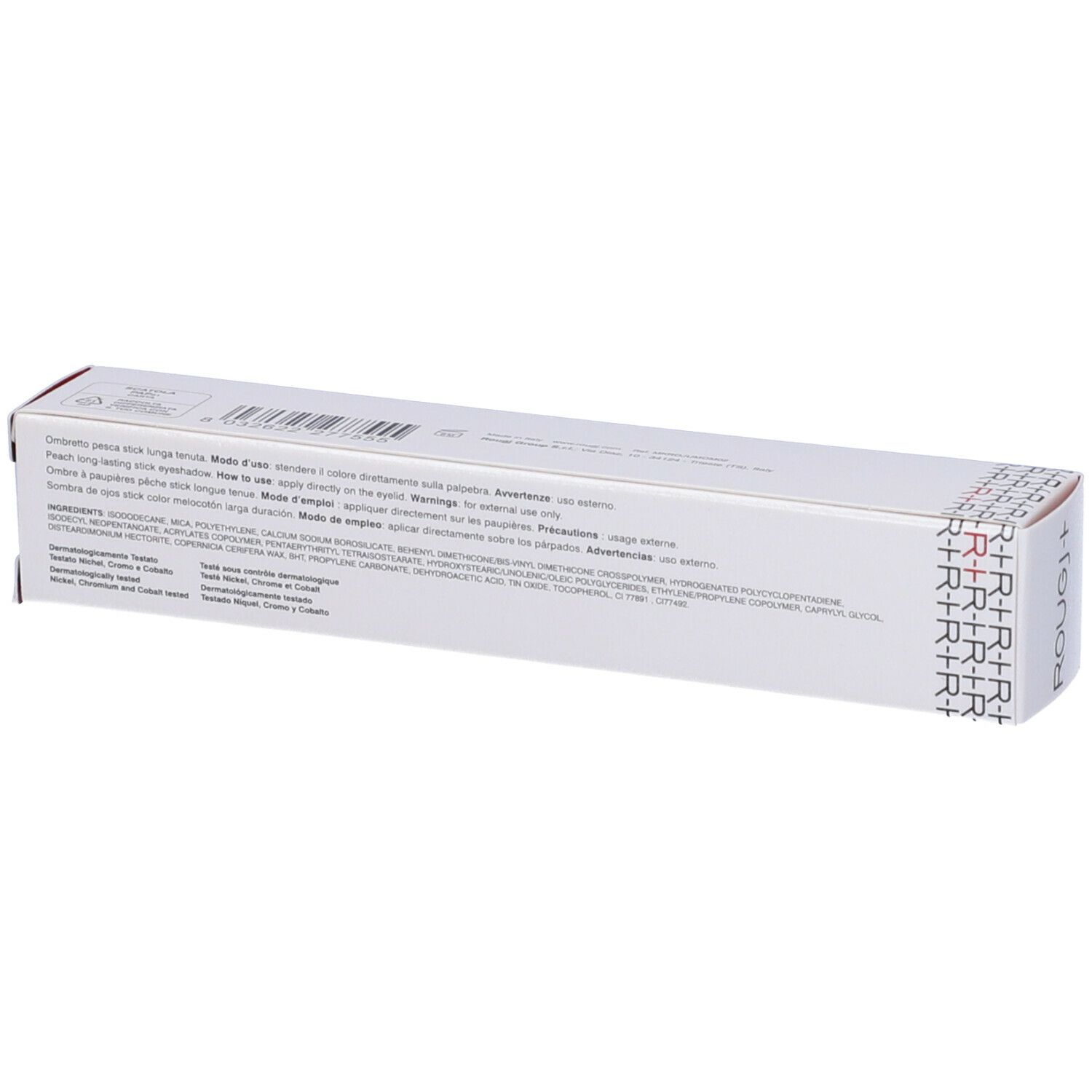 Confezione bianca con testo. Scritta: ROUGJ+ Ombretto Stick Long Lasting Pesca. Ingredienti e avvertenze.
