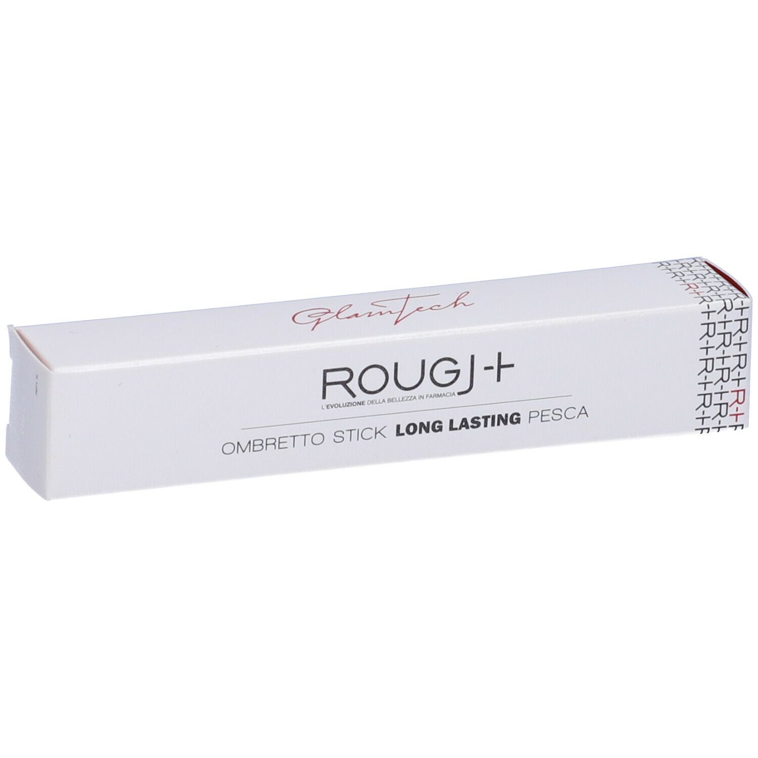 Confezione bianca con nome del prodotto e scritta. Scritta: ROUGJ+ Ombretto Stick Long Lasting Pesca. Sigillo all'estremità.