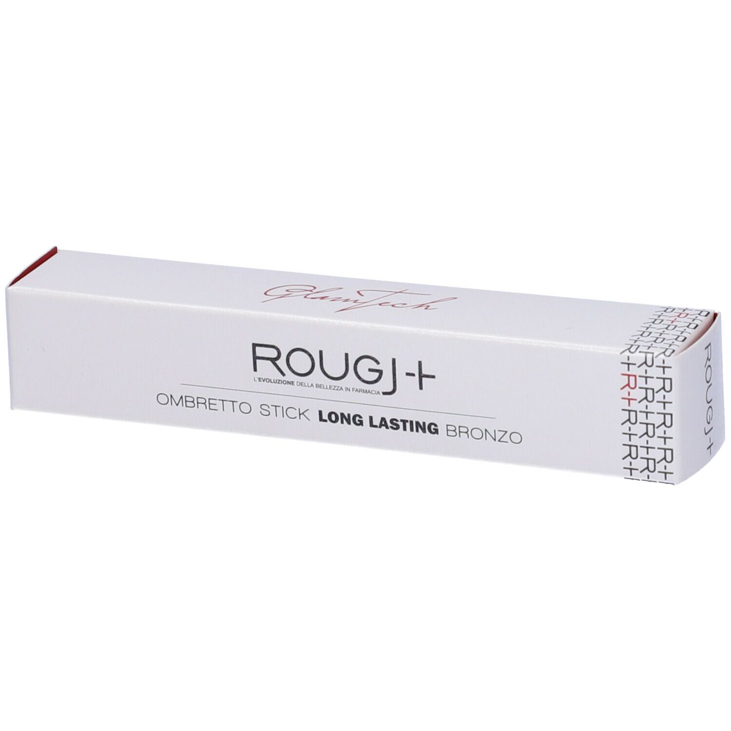 Confezione bianca con logo e nome del prodotto. Testo: ROUGJ+ Ombretto Stick Long Lasting Bronzo. Dettagli rossi.