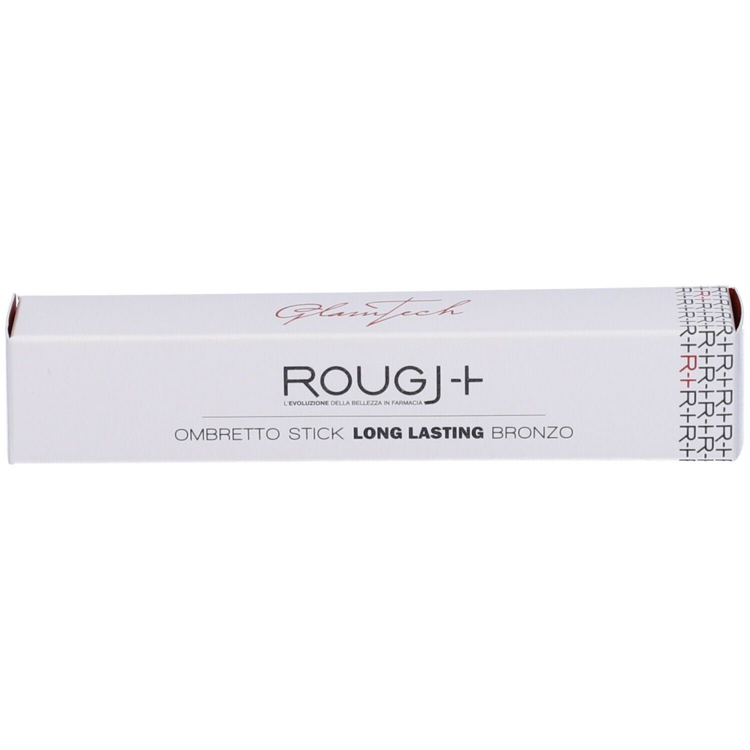 Confezione bianca con logo e nome del prodotto. Testo: ROUGJ+ Ombretto Stick Long Lasting Bronzo. Dettagli rossi.