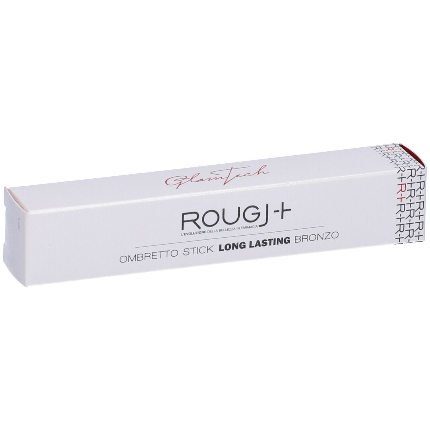 Confezione bianca con logo e nome del prodotto. Testo: ROUGJ+ Ombretto Stick Long Lasting Bronzo. Dettagli rossi.