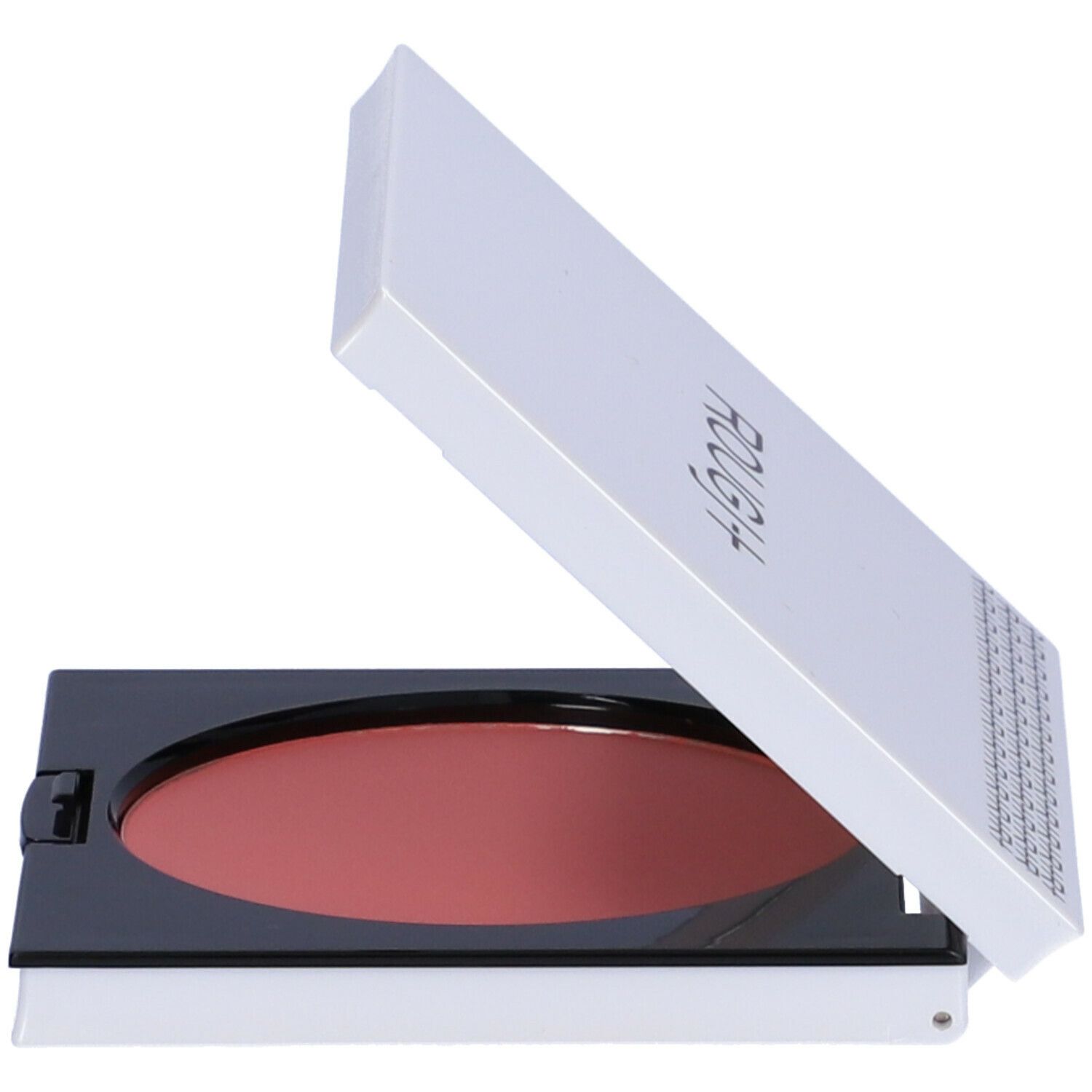 Astuccio bianco con fard, aperto. Polvere rosa visibile. Cornice nera. Logo ROUGJ.