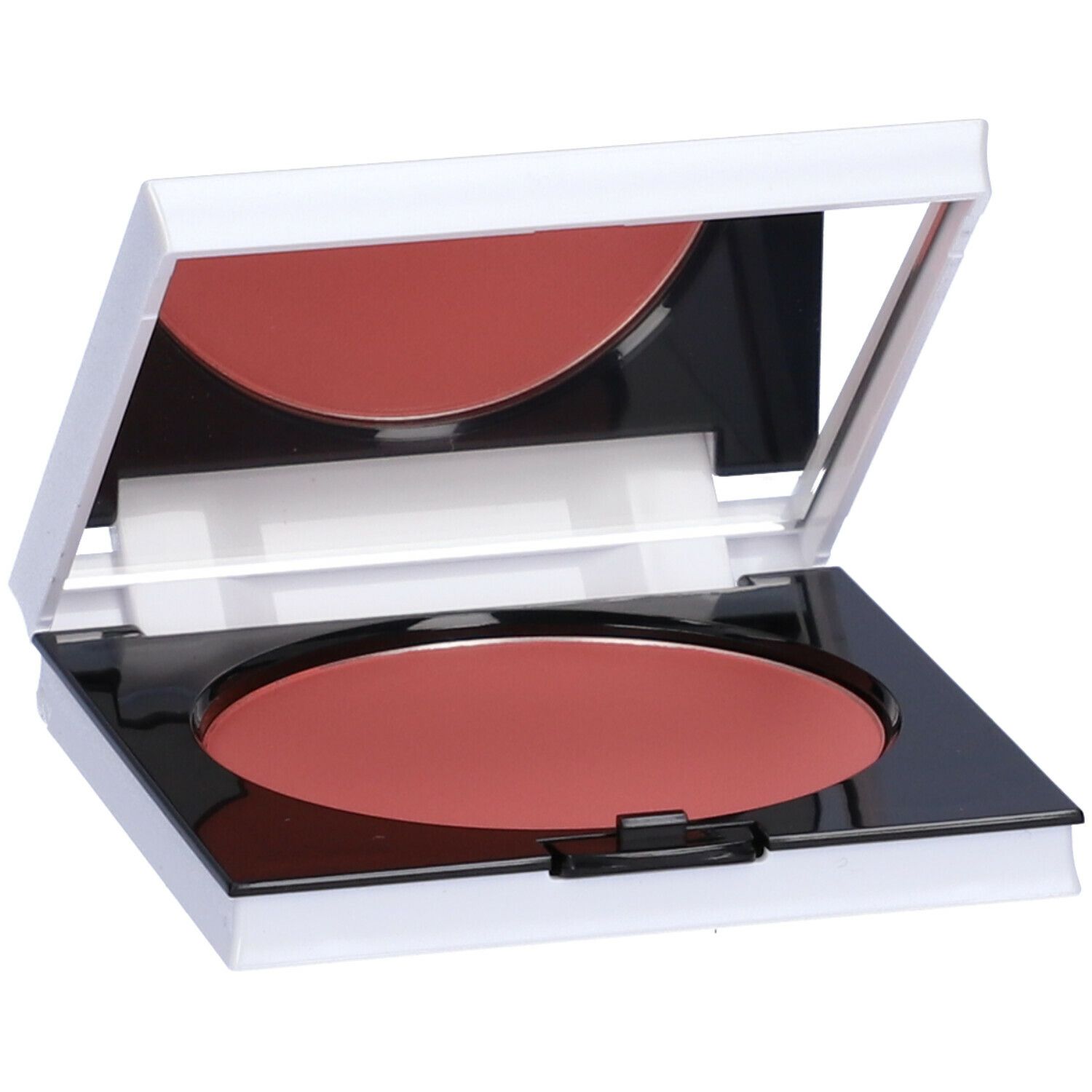 Astuccio bianco con fard, specchio e applicatore. Polvere rosa. Cornice nera.