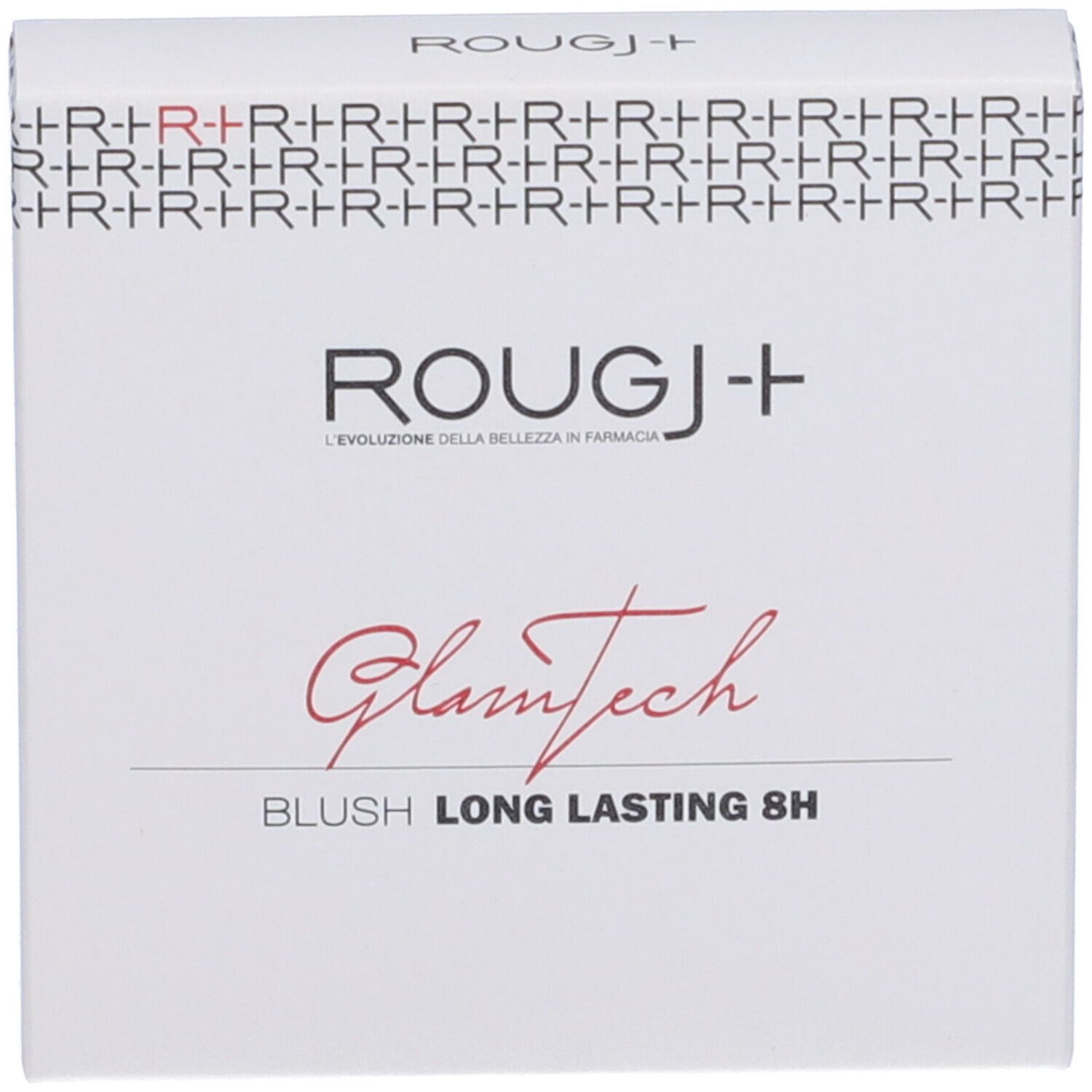 Confezione del prodotto. Bianco, con logo ROUGJ+, nome del prodotto e scritta GlamTech.