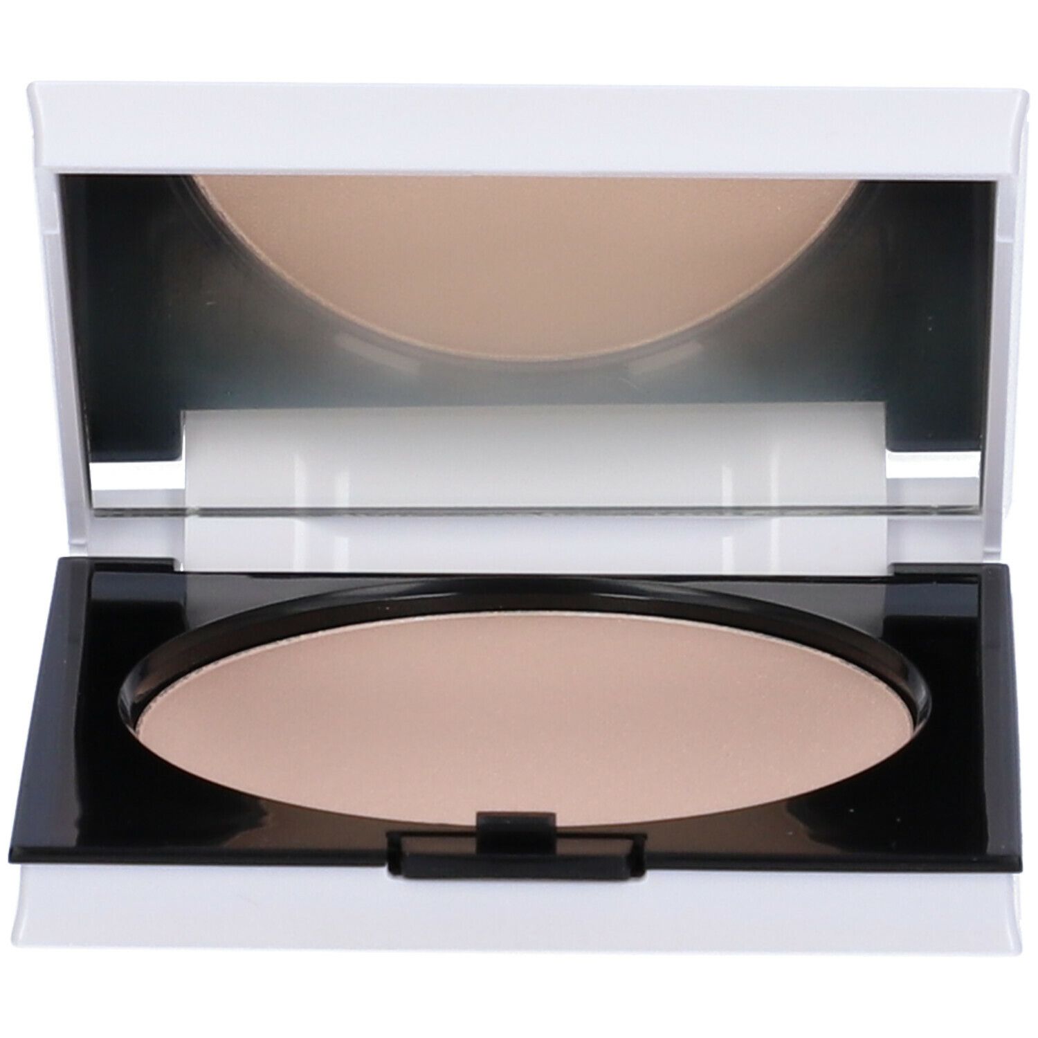 Palette di cipria compatta, custodia bianca, specchio, cipria beige. Cornice nera.