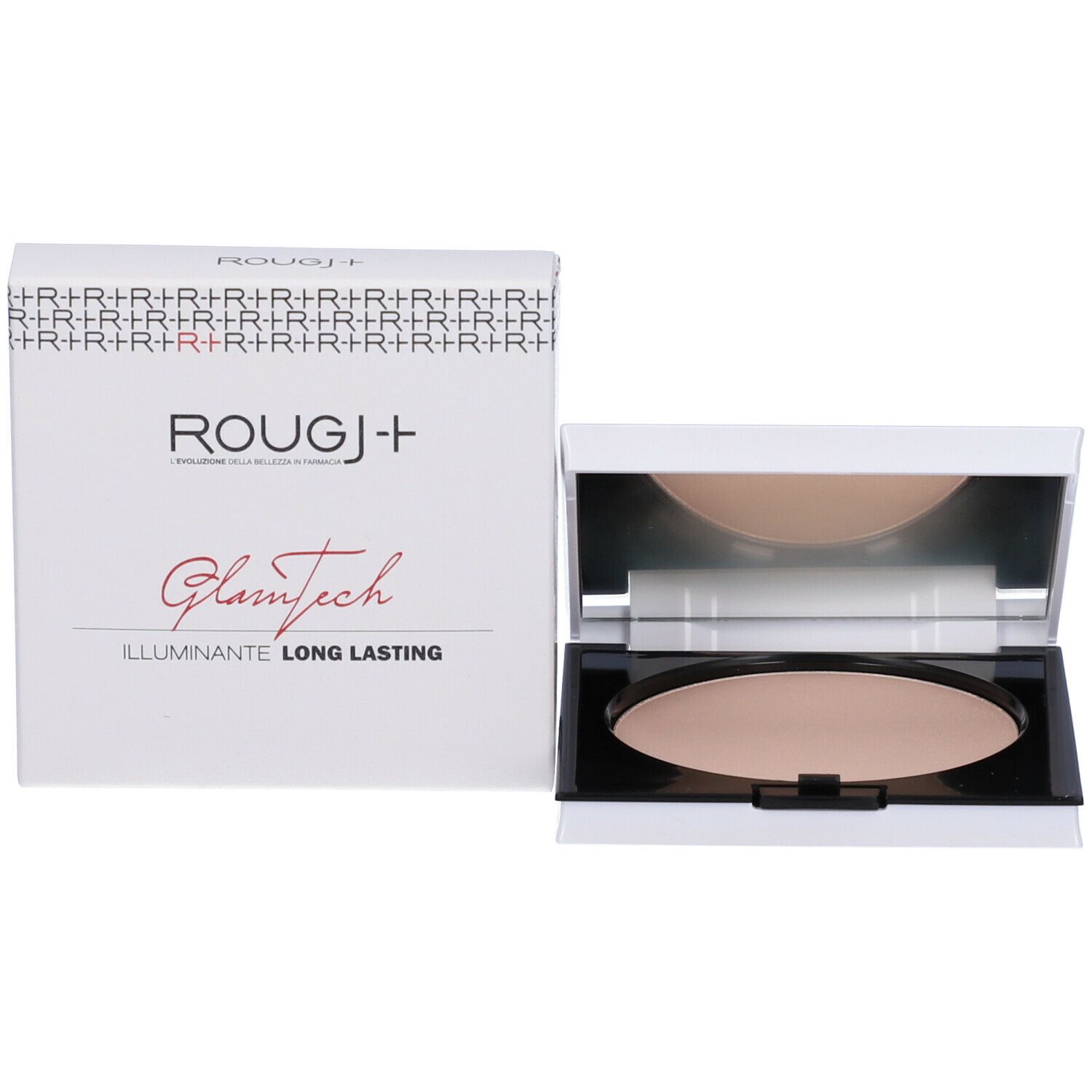 Cipria compatta e confezione. Marchio ROUGJ+, testo: GlamTech, Illuminante Long Lasting.