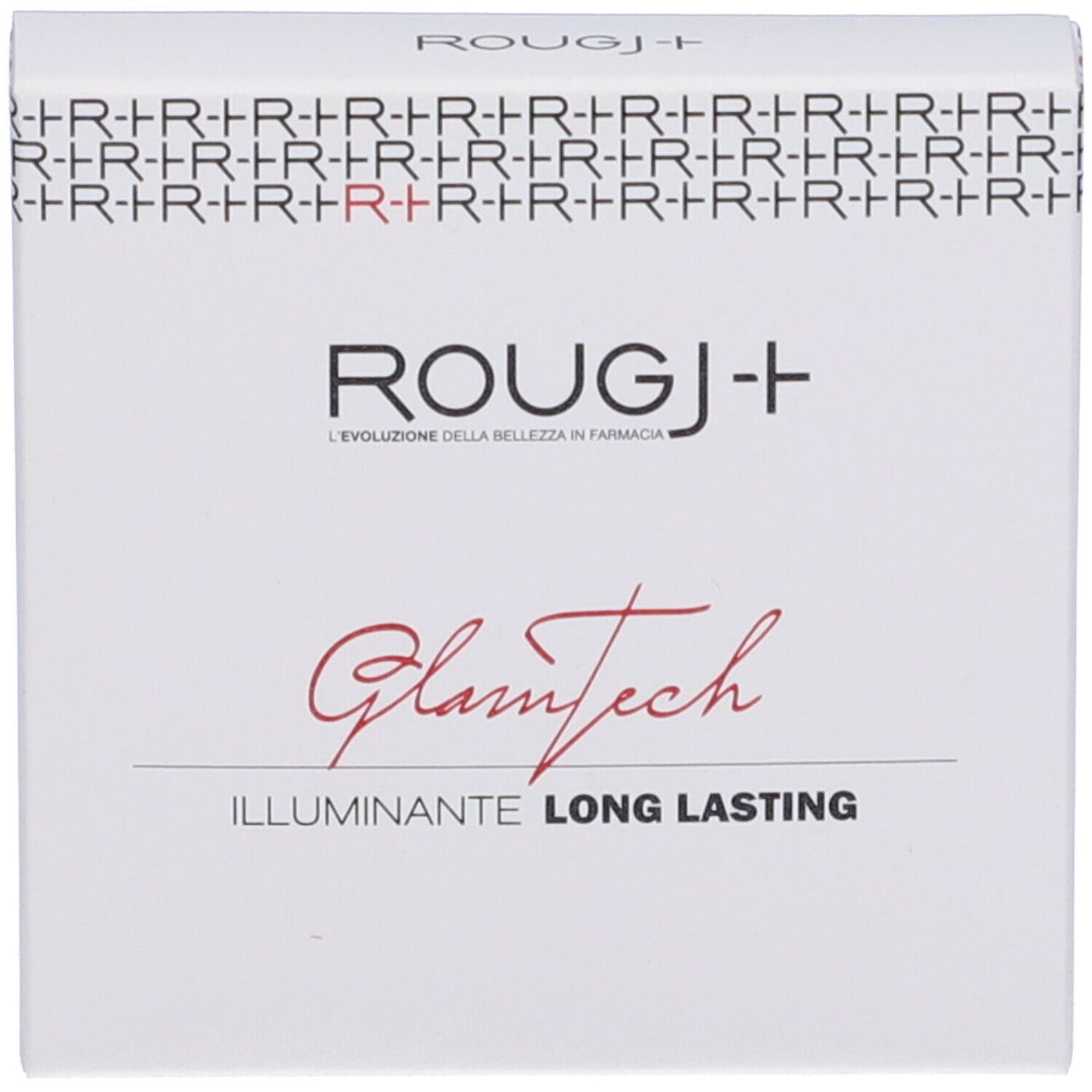 Confezione. Marchio ROUGJ+, testo: GlamTech, Illuminante Long Lasting.