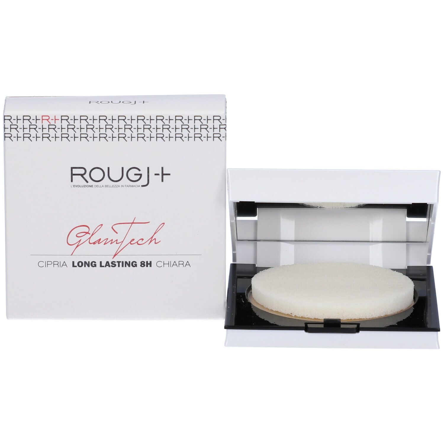 Confezione bianca e confezione cipria aperta. Scritta ROUGJ+. Testo: CIPRIA LONG LASTING 8H CHIARA.