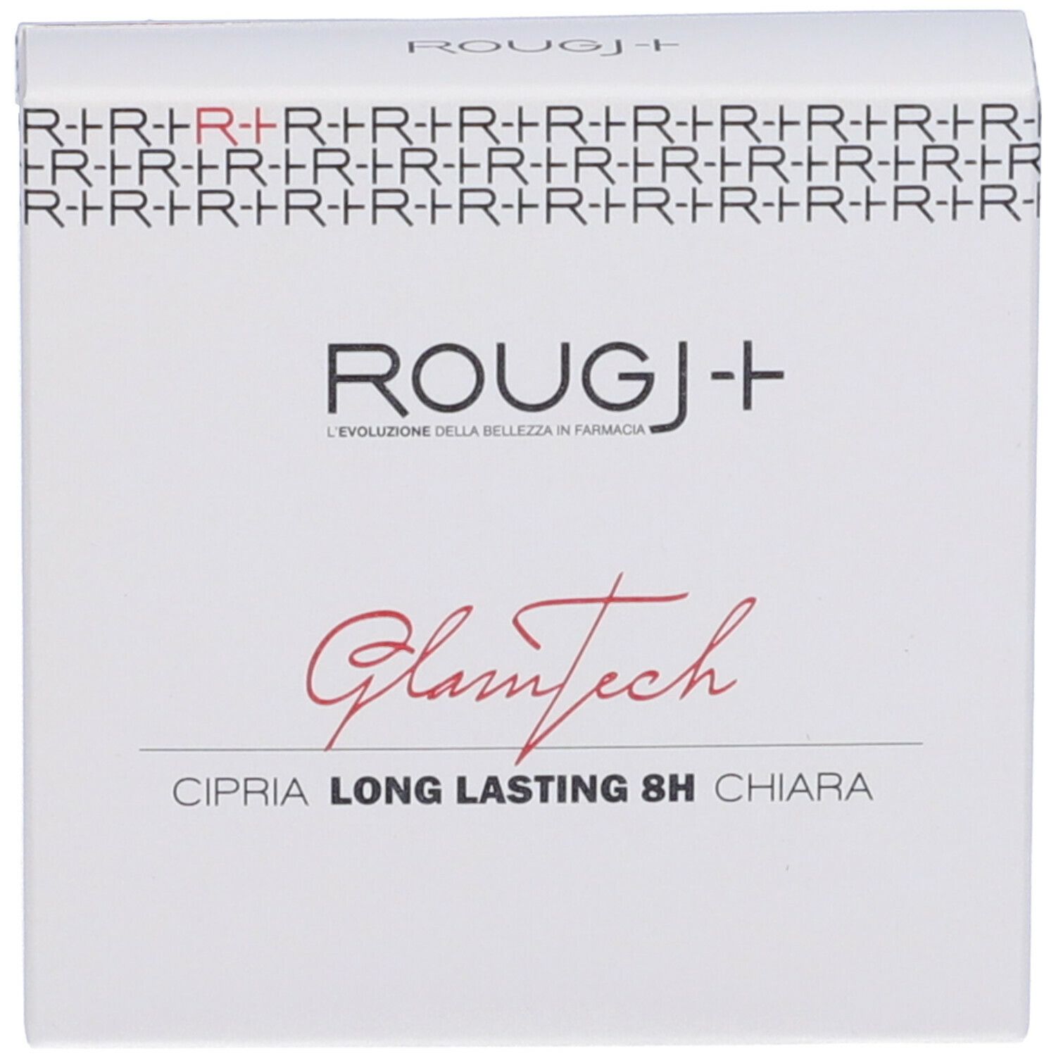 Confezione bianca con scritta ROUGJ+. Testo: CIPRIA LONG LASTING 8H CHIARA.