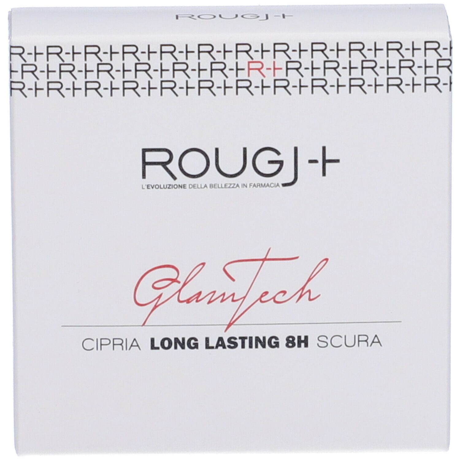 Confezione bianca con testo. ROUGJ+, GlamTech, Cipria Long Lasting 8H Scura.
