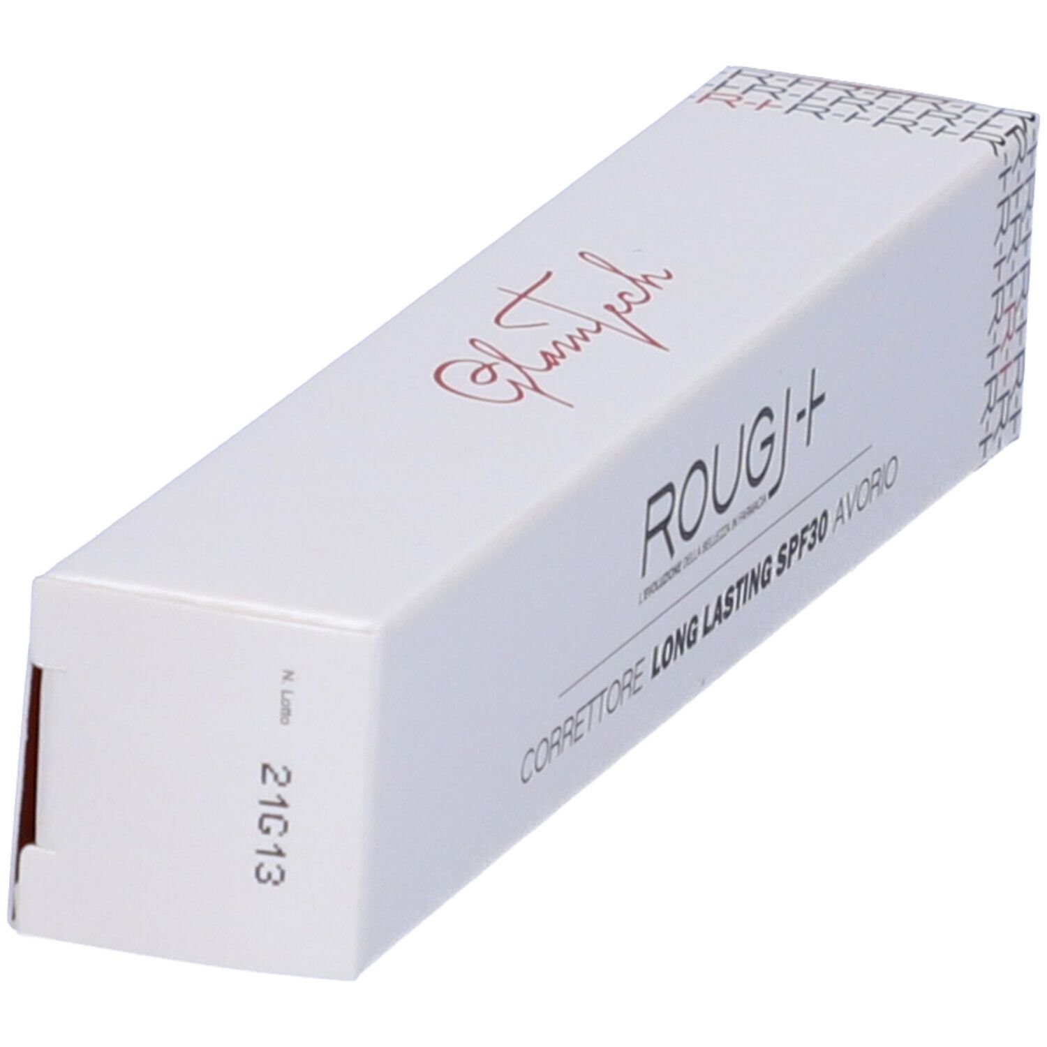 Confezione rettangolare bianca con nome prodotto e SPF30. Testo: ROUGJ+ Correttore Long Lasting SPF30 Avorio. Vista angolata.