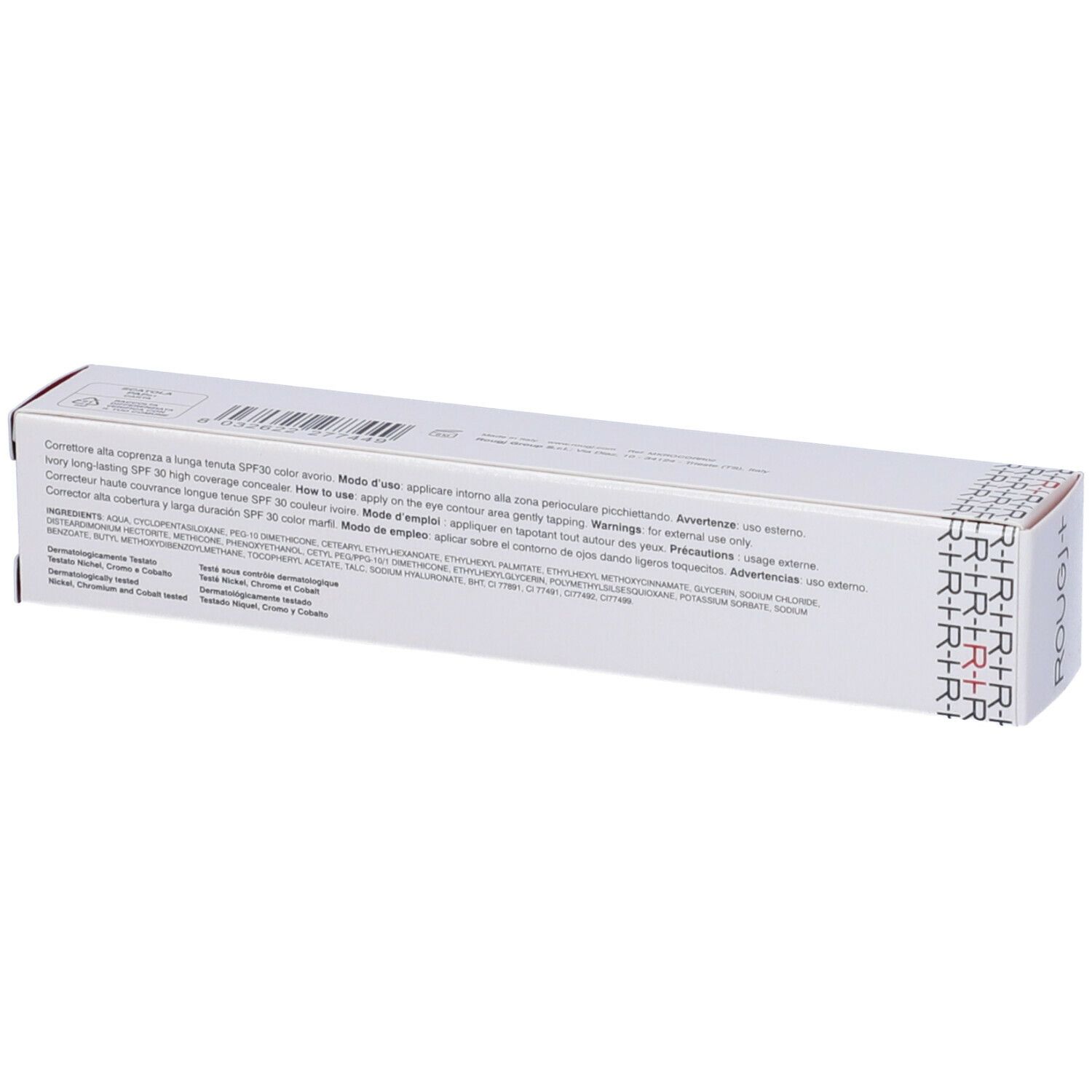 Confezione rettangolare bianca con testo. Retro con informazioni prodotto e SPF30. Testo: ROUGJ+ Correttore Long Lasting SPF30 Avorio.