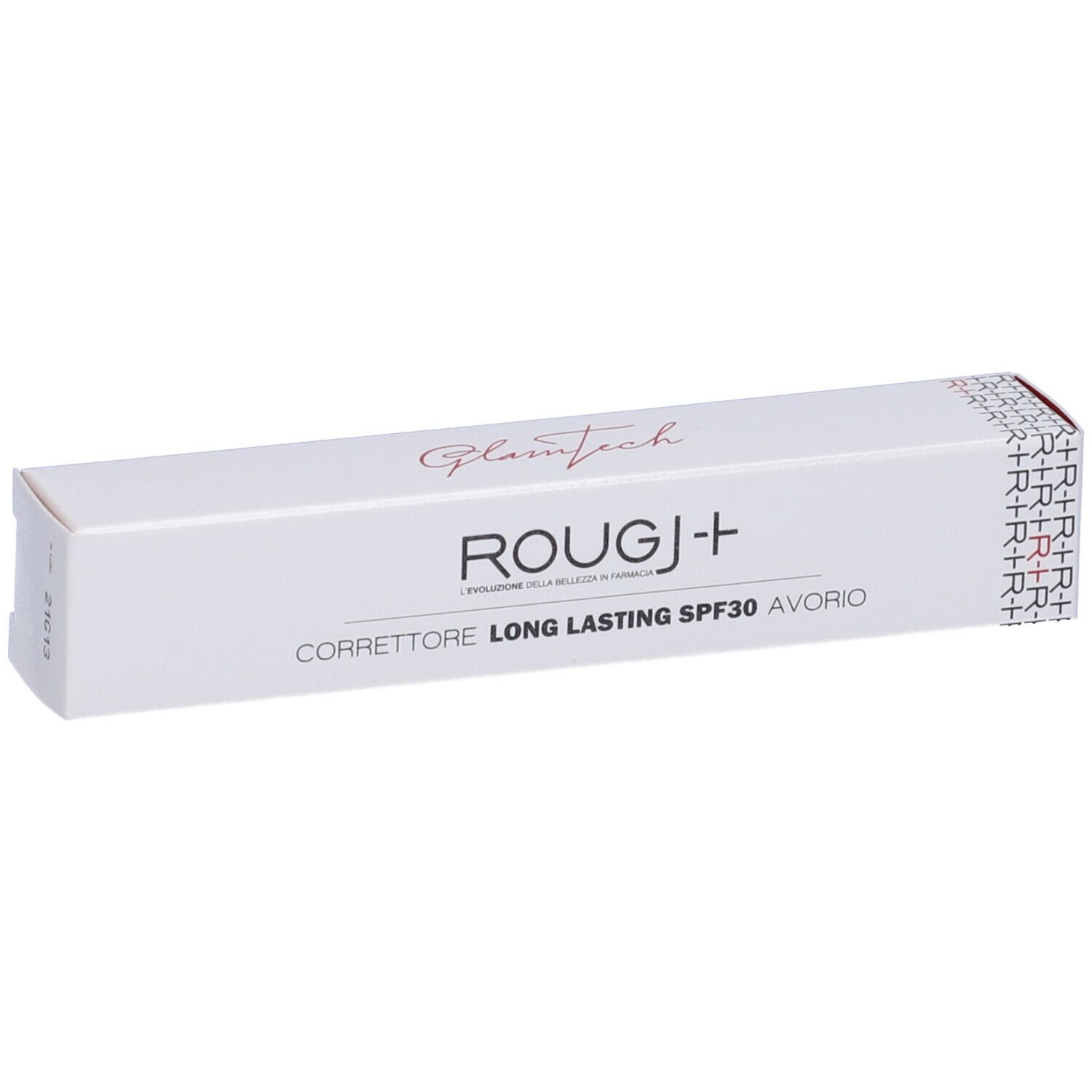 Confezione rettangolare bianca con nome prodotto e SPF30. Testo: ROUGJ+ Correttore Long Lasting SPF30 Avorio.