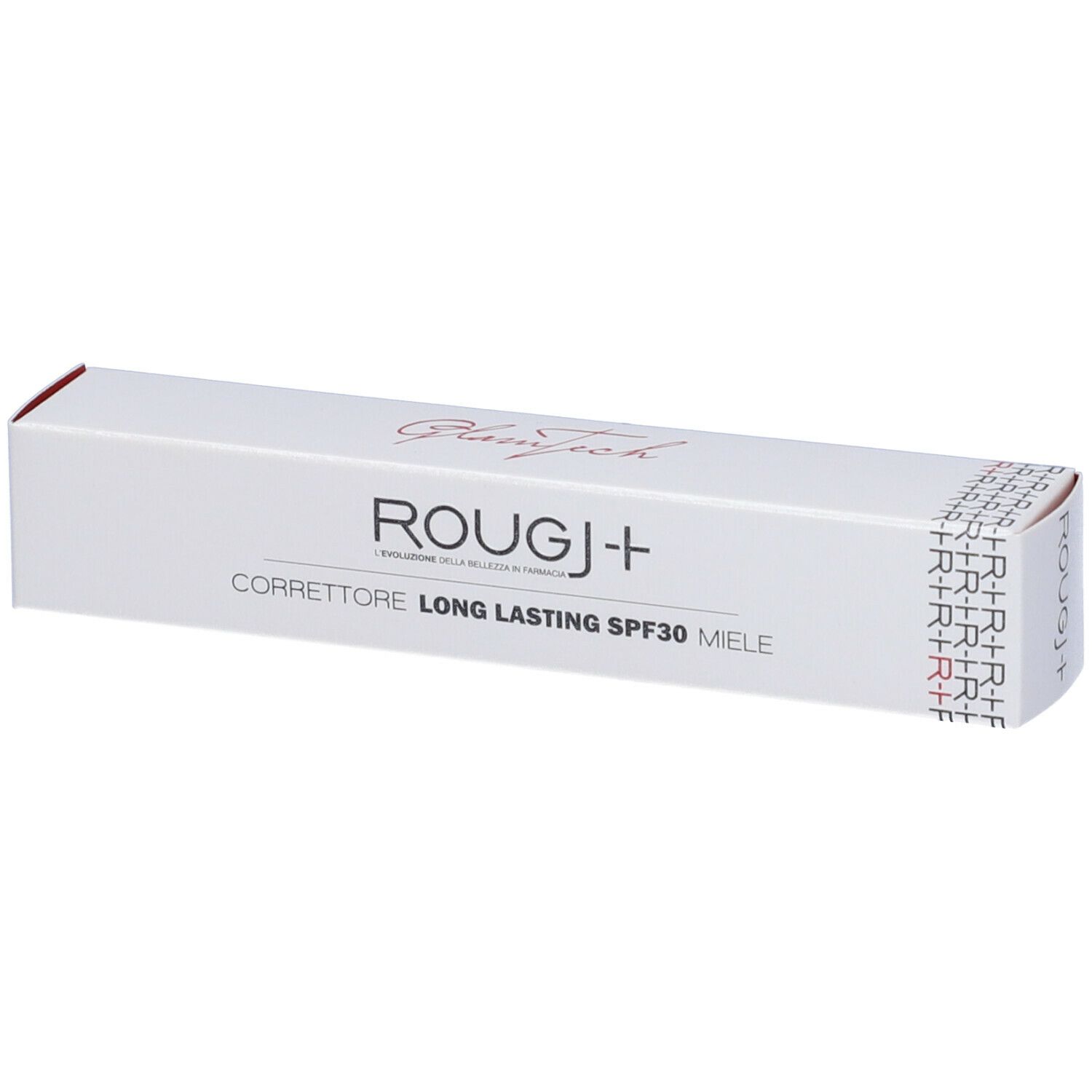 Confezione bianca con nome prodotto: ROUGJ+ Correttore Long Lasting SPF30 Miele. Scritta rossa GlamTech.