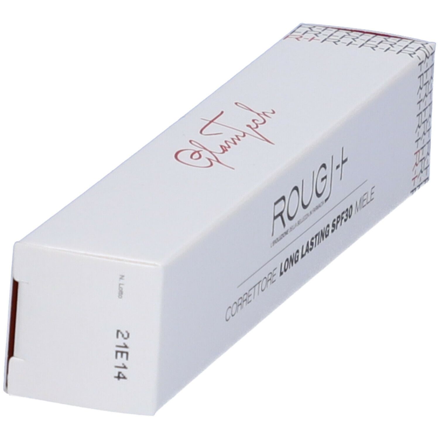 Confezione bianca inclinata. Nome prodotto: ROUGJ+ Correttore Long Lasting SPF30 Miele. Stampa 21E14.