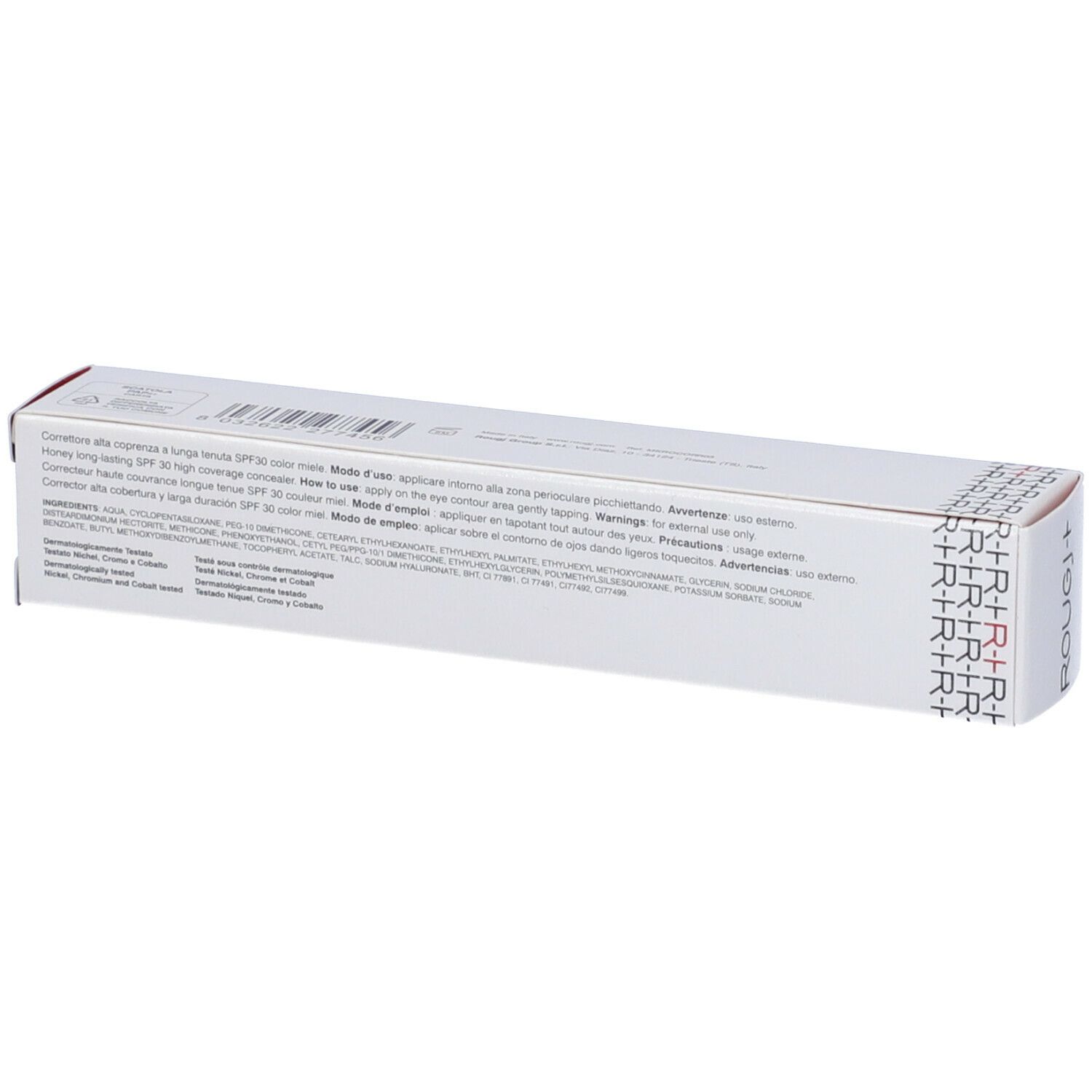 Confezione bianca con testo. Nome prodotto: ROUGJ+ Correttore Long Lasting SPF30 Miele. Testo multilingue.