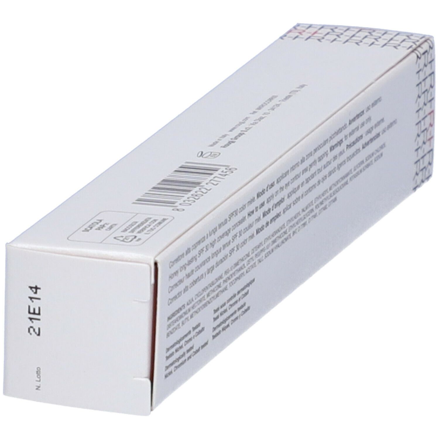 Confezione bianca inclinata. Nome prodotto: ROUGJ+ Correttore Long Lasting SPF30 Miele. Stampa 21E14.