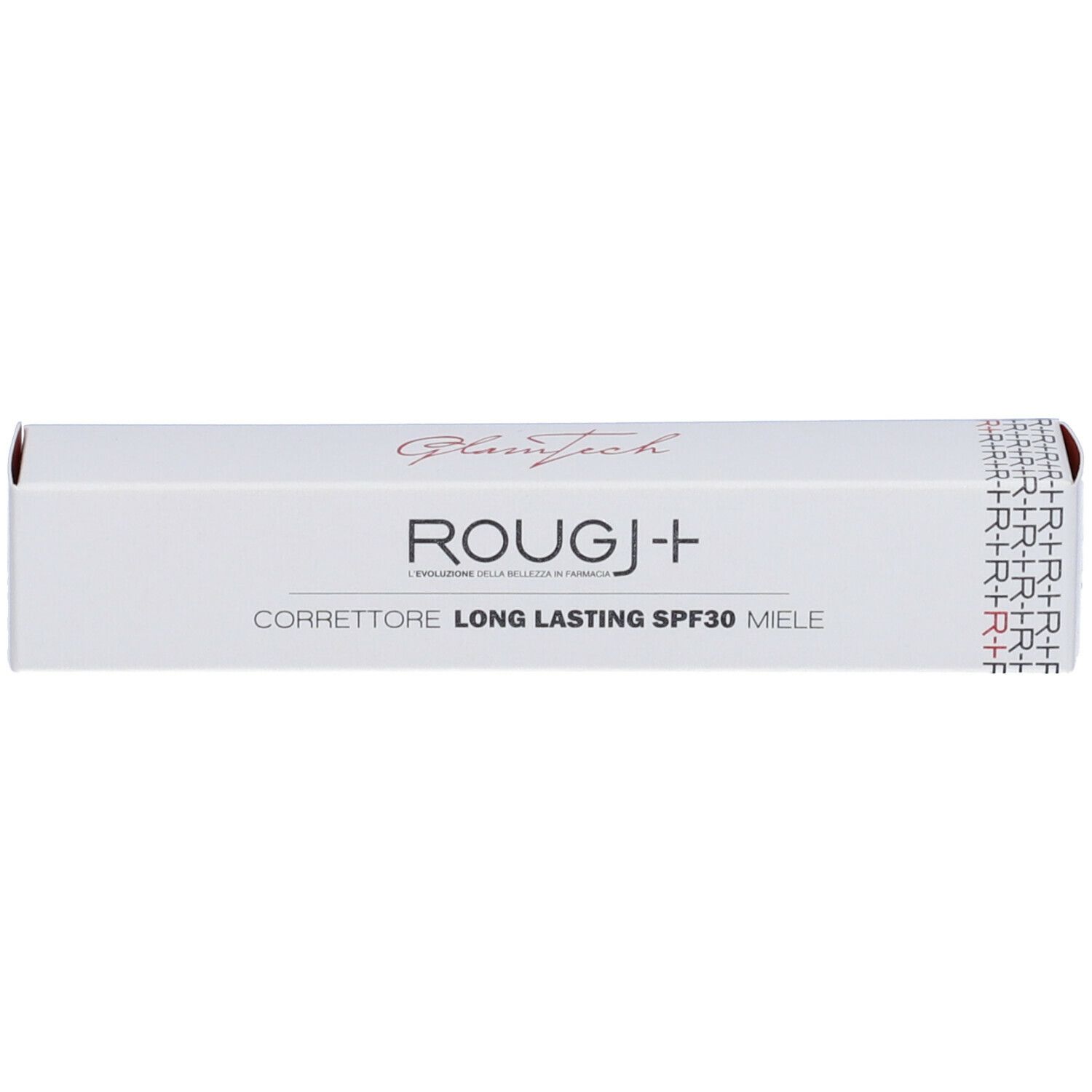 Confezione bianca con nome prodotto: ROUGJ+ Correttore Long Lasting SPF30 Miele. Scritta rossa GlamTech.