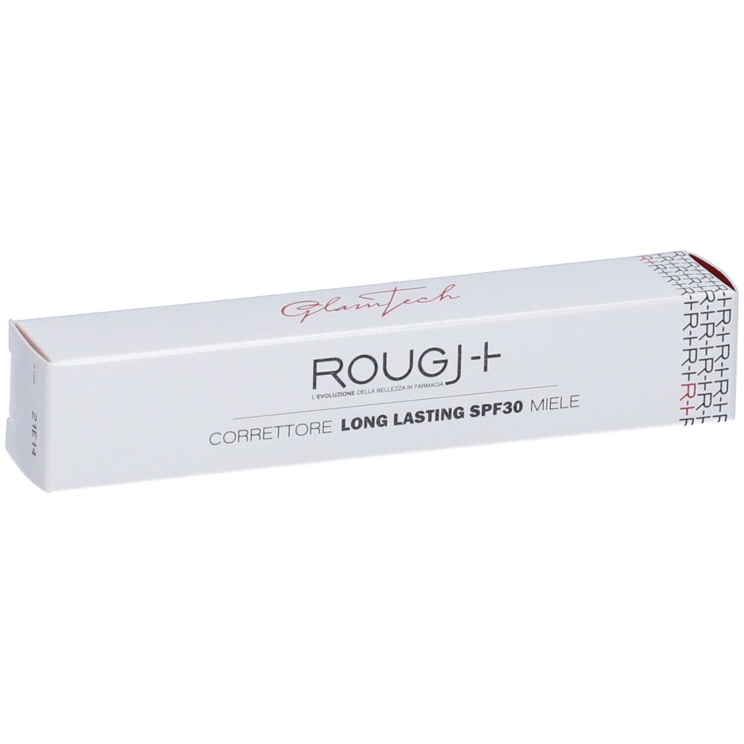 Confezione bianca con nome prodotto: ROUGJ+ Correttore Long Lasting SPF30 Miele. Scritta rossa GlamTech.