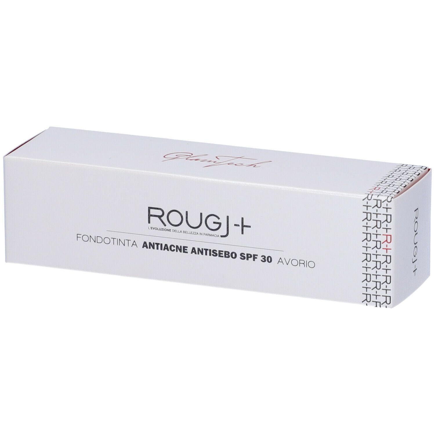 Scatola bianca con stampa del prodotto. Scritta ROUGJ+ Fondotinta Anti-Acne SPF 30 Avorio. Confezione.