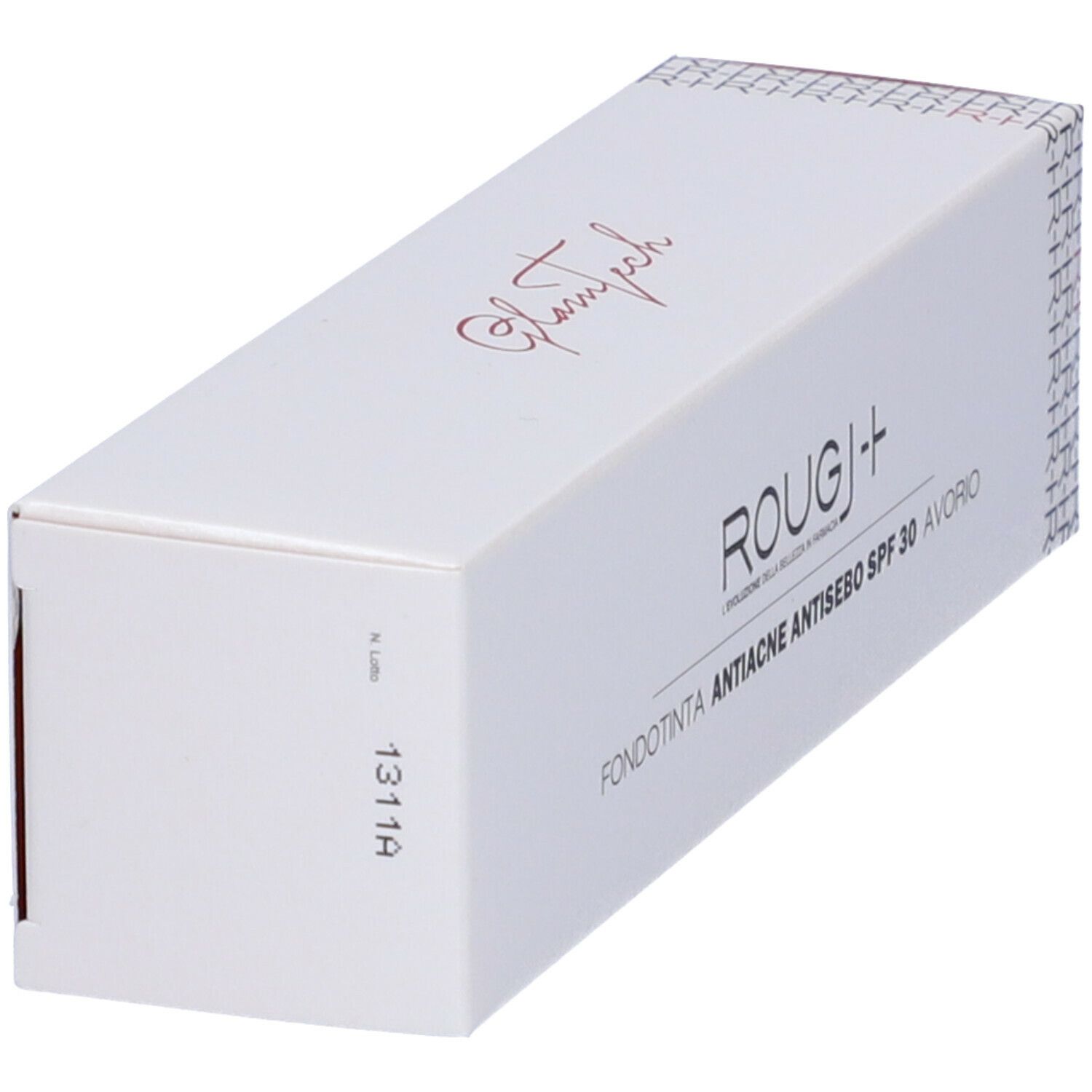 Scatola bianca, in diagonale. Scritta ROUGJ+ Fondotinta Anti-Acne SPF 30 Avorio. Stampa 1311A.