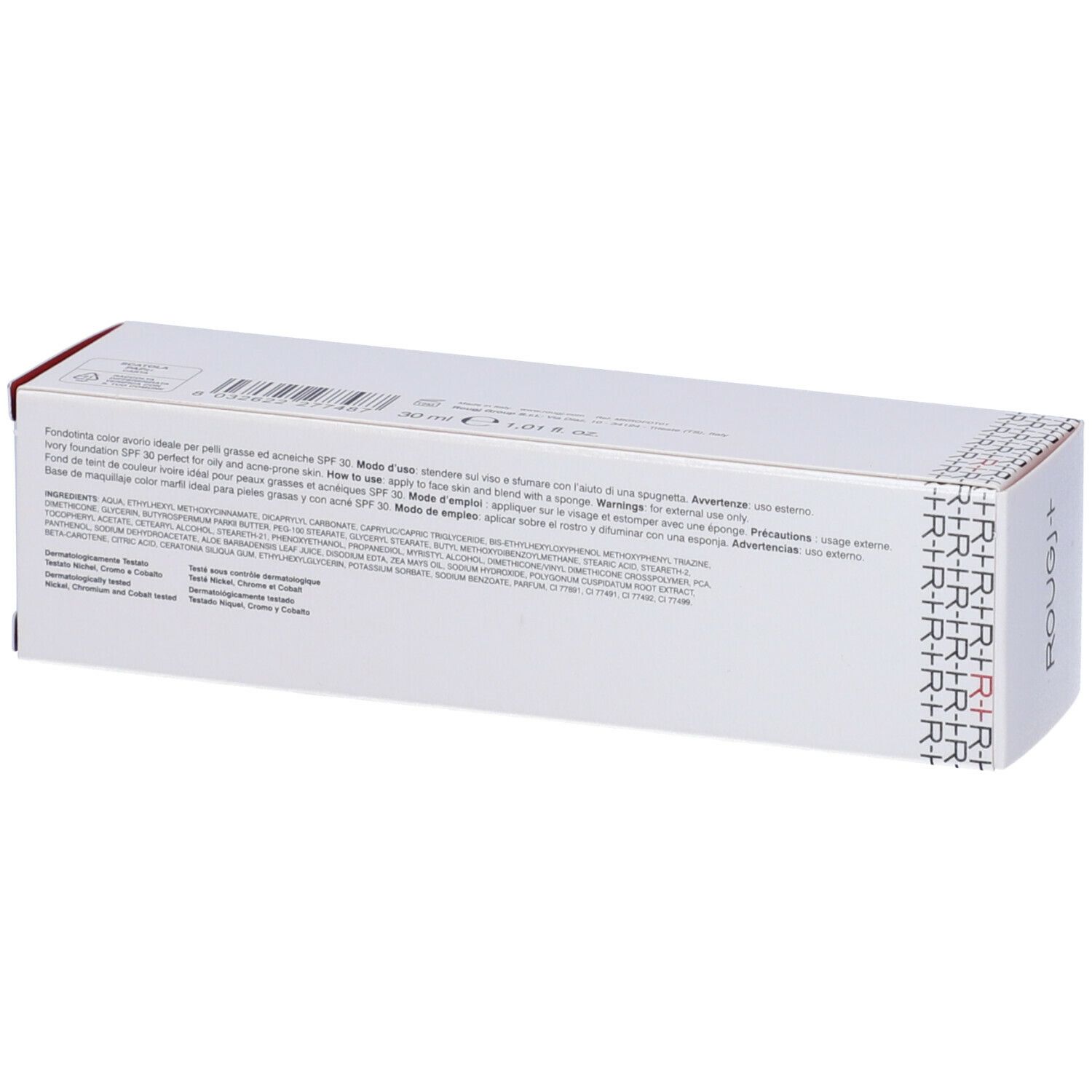 Scatola bianca con testo. Scritta ROUGJ+ Fondotinta Anti-Acne SPF 30 Avorio. Testo sul retro.