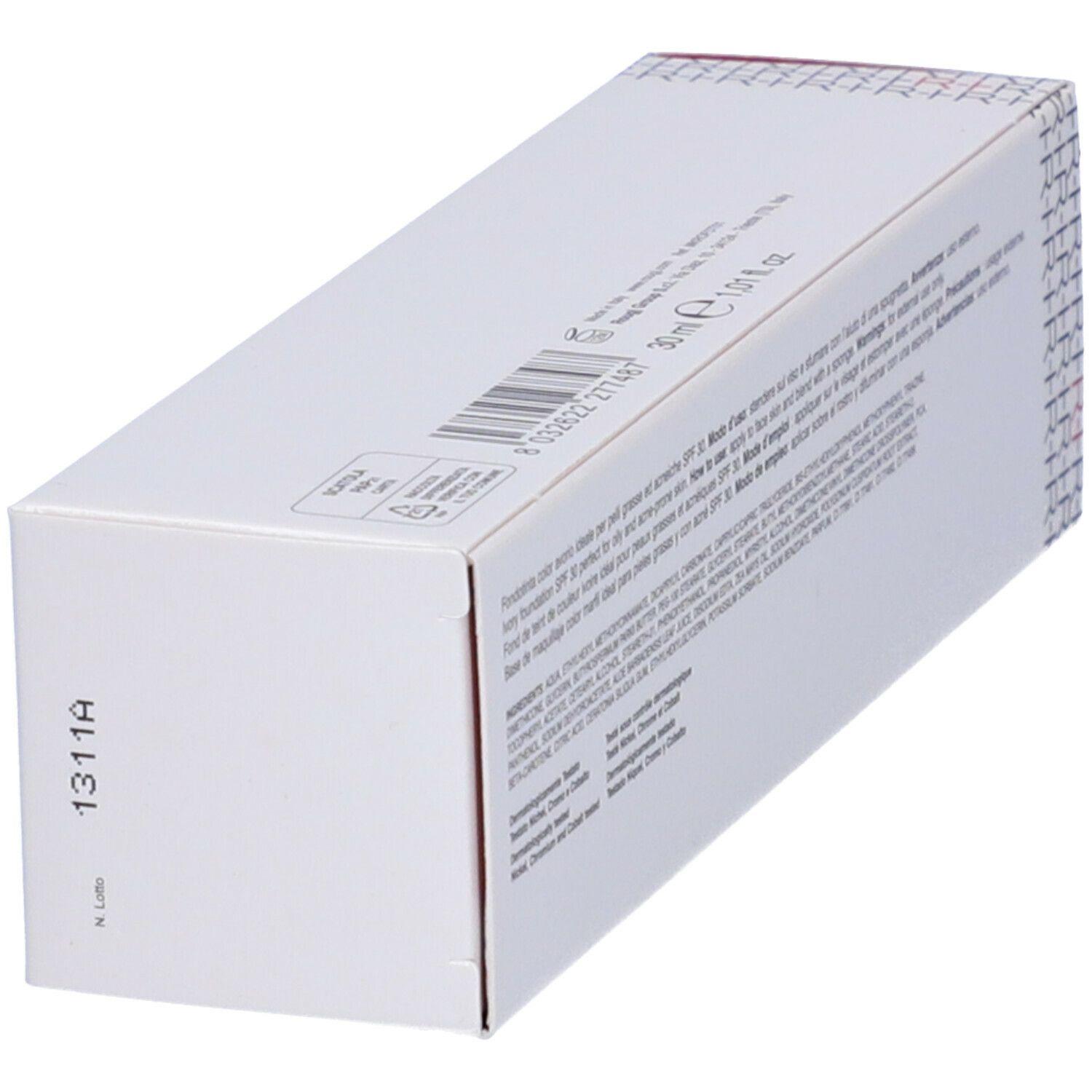 Scatola bianca con testo. Scritta ROUGJ+ Fondotinta Anti-Acne SPF 30 Avorio. Stampa 1311A.