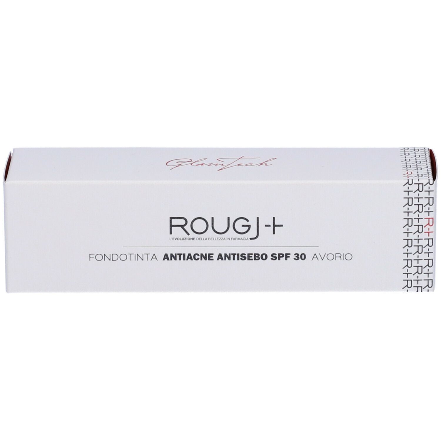 Scatola bianca con stampa del prodotto. Scritta ROUGJ+ Fondotinta Anti-Acne SPF 30 Avorio. Confezione.