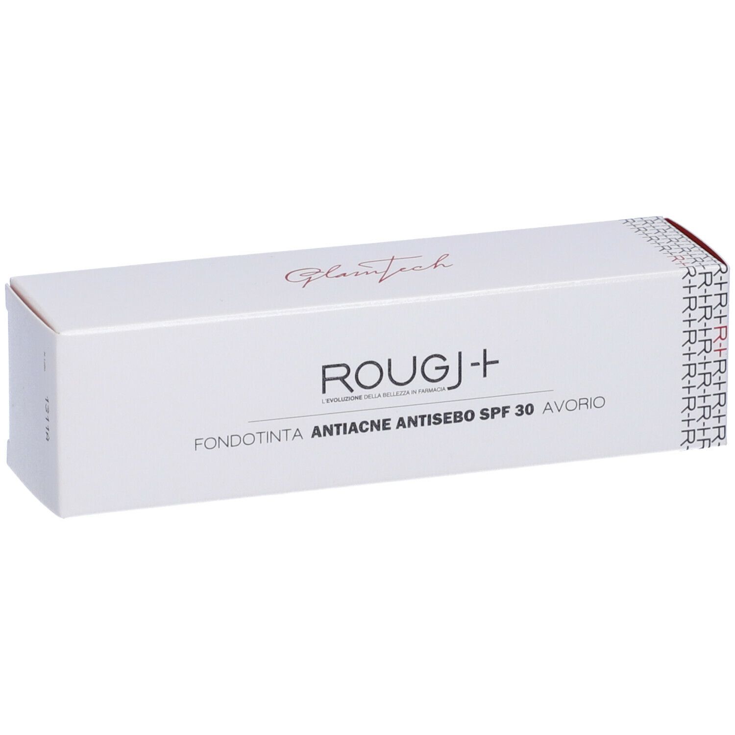 Scatola bianca con stampa del prodotto. Scritta ROUGJ+ Fondotinta Anti-Acne SPF 30 Avorio. Confezione.