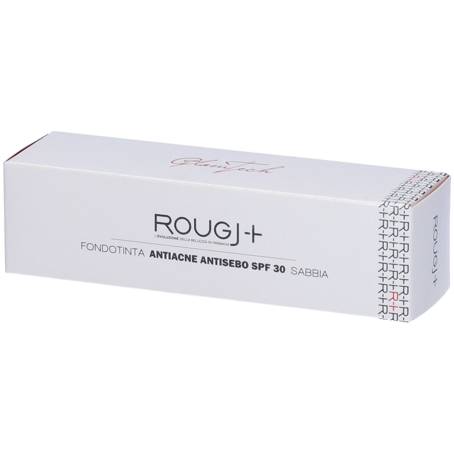 Scatola bianca con stampa del prodotto. Scritta: ROUGJ+ Fondotinta Anti-Acne Antisebo SPF 30 Sabbia.