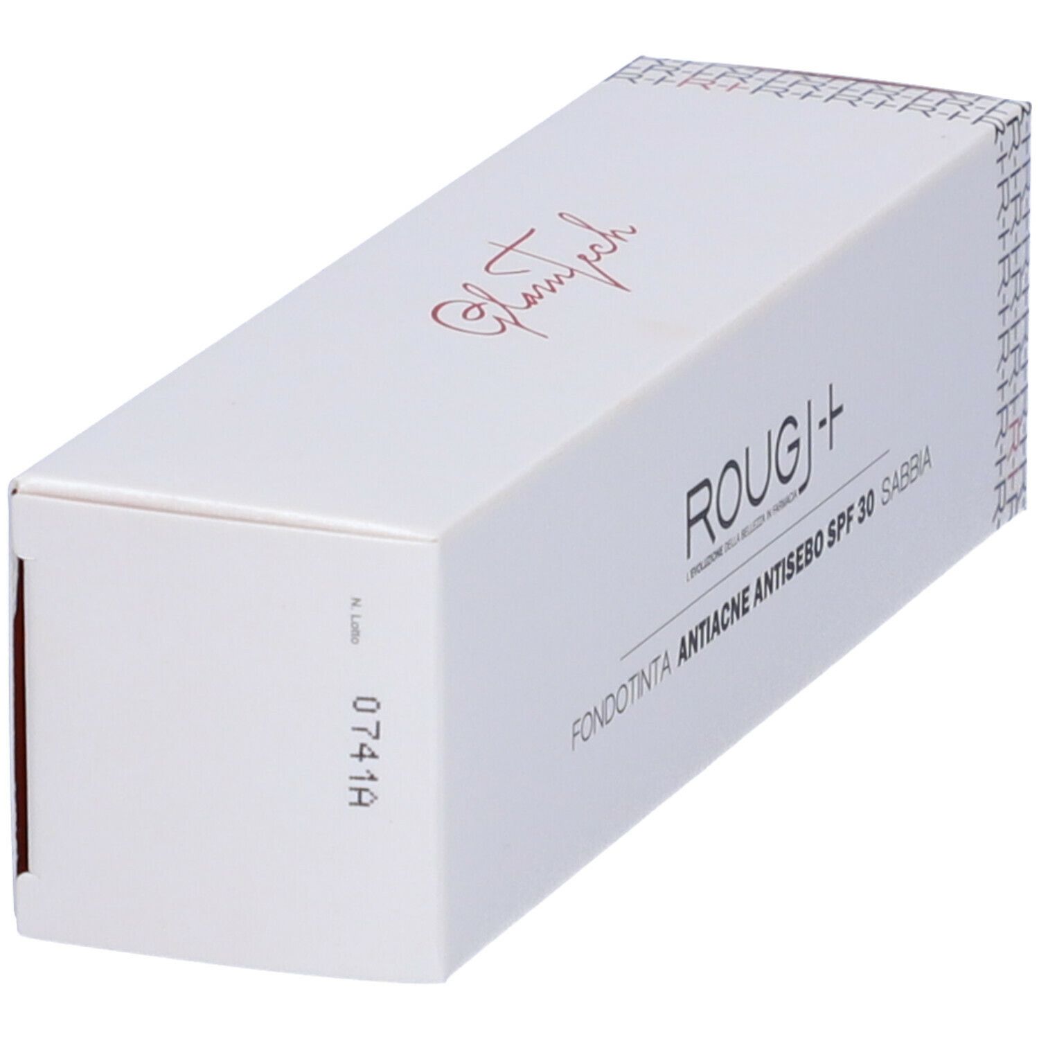 Scatola bianca, in diagonale. Scritta: ROUGJ+ Fondotinta Anti-Acne Antisebo SPF 30 Sabbia. Stampa: 0741A.