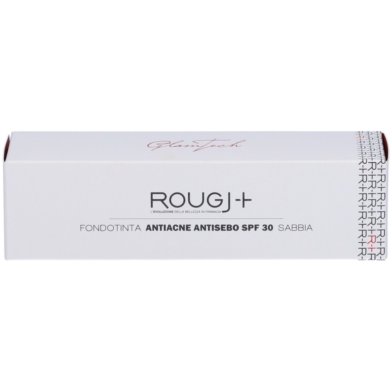 Scatola bianca con stampa del prodotto. Scritta: ROUGJ+ Fondotinta Anti-Acne Antisebo SPF 30 Sabbia.