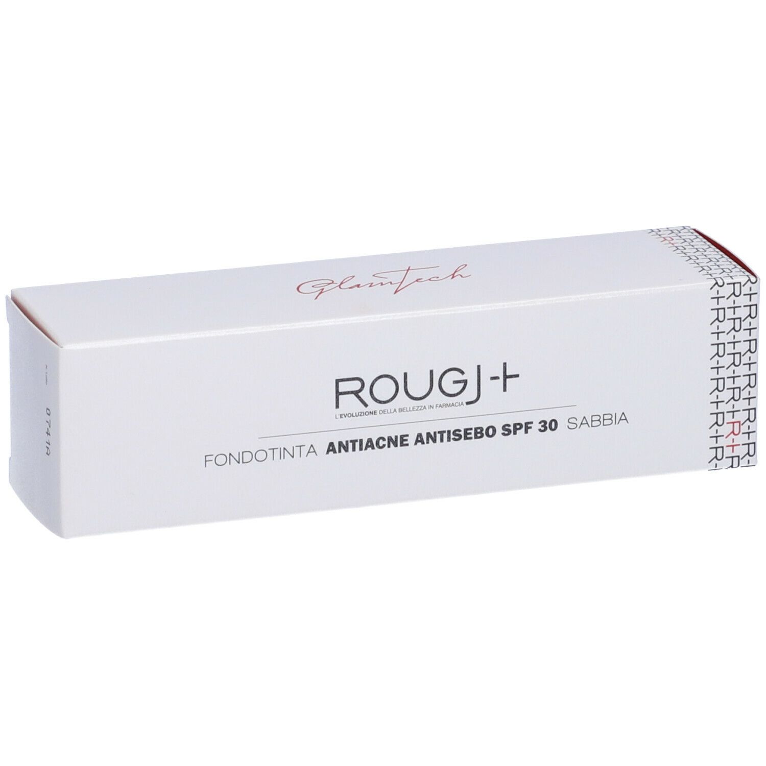 Scatola bianca con stampa del prodotto. Scritta: ROUGJ+ Fondotinta Anti-Acne Antisebo SPF 30 Sabbia.