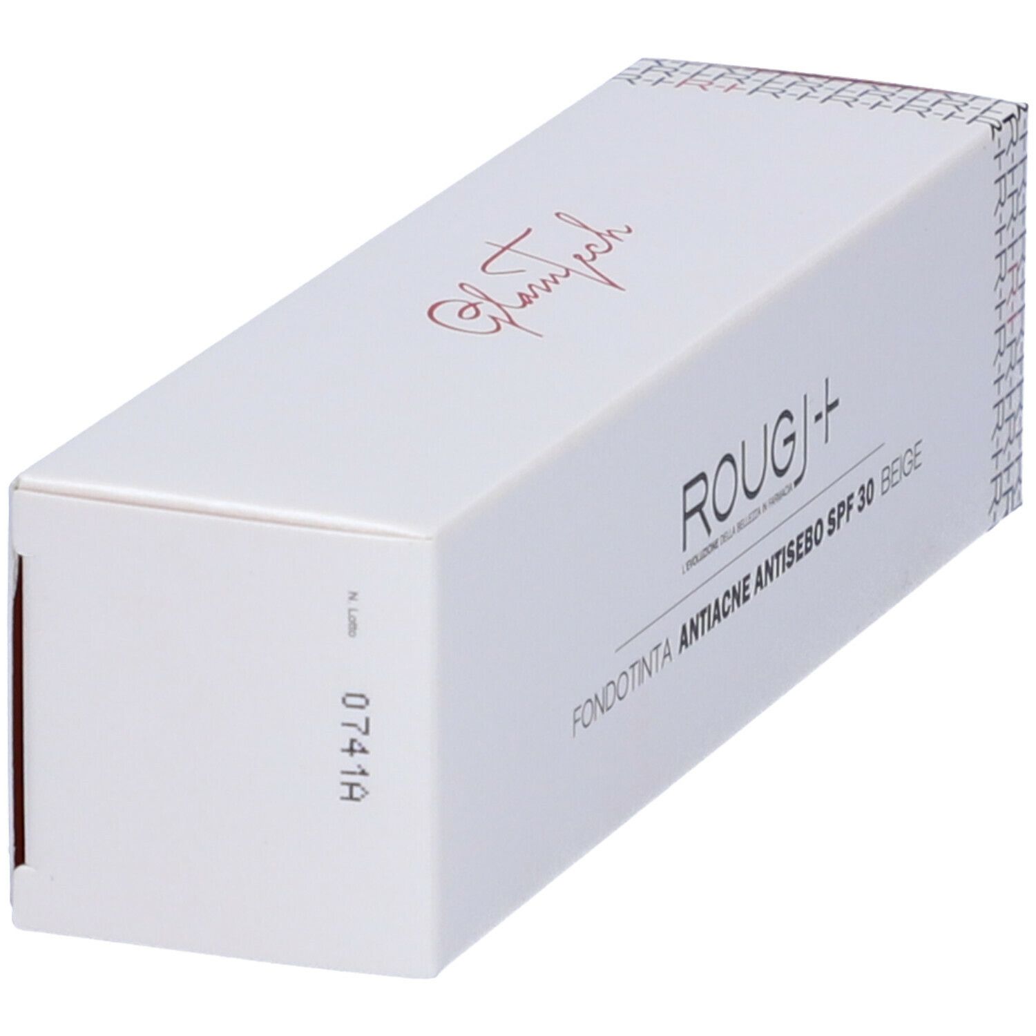 Confezione bianca inclinata. Stampa: ROUGJ+, Fondotinta Antiacne Antisebo SPF 30 Beige. Sul lato: 0741A.