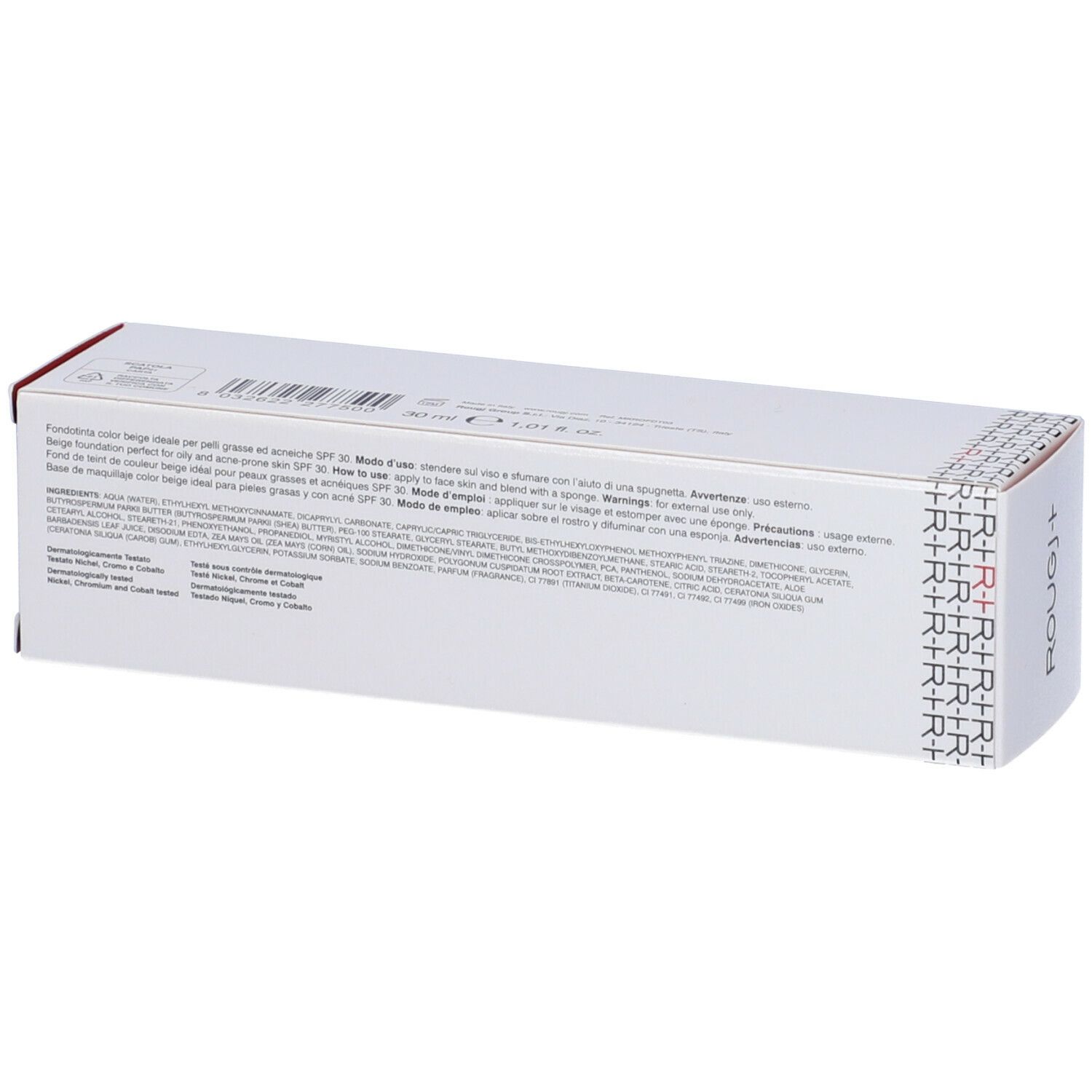 Confezione bianca con testo. Nome prodotto ROUGJ+. Testo: Fondotinta Antiacne Antisebo SPF 30 Beige. Testo sul retro.