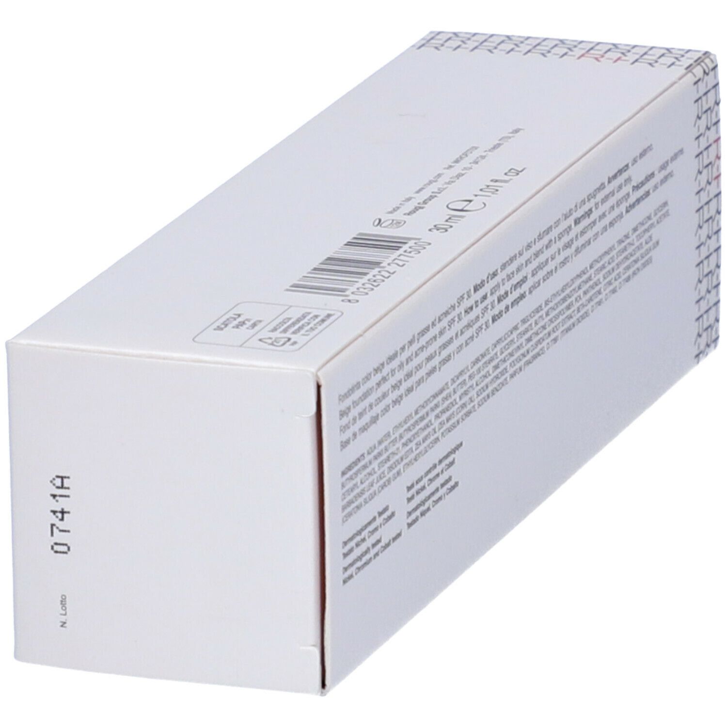 Confezione bianca inclinata. Stampa: ROUGJ+, Fondotinta Antiacne Antisebo SPF 30 Beige. Codice a barre e testo.