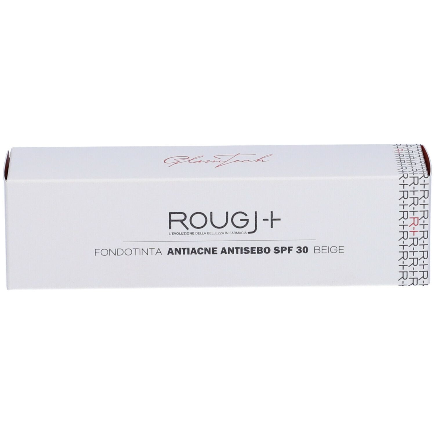Confezione bianca con nome prodotto ROUGJ+ e descrizione. Testo: Fondotinta Antiacne Antisebo SPF 30 Beige.