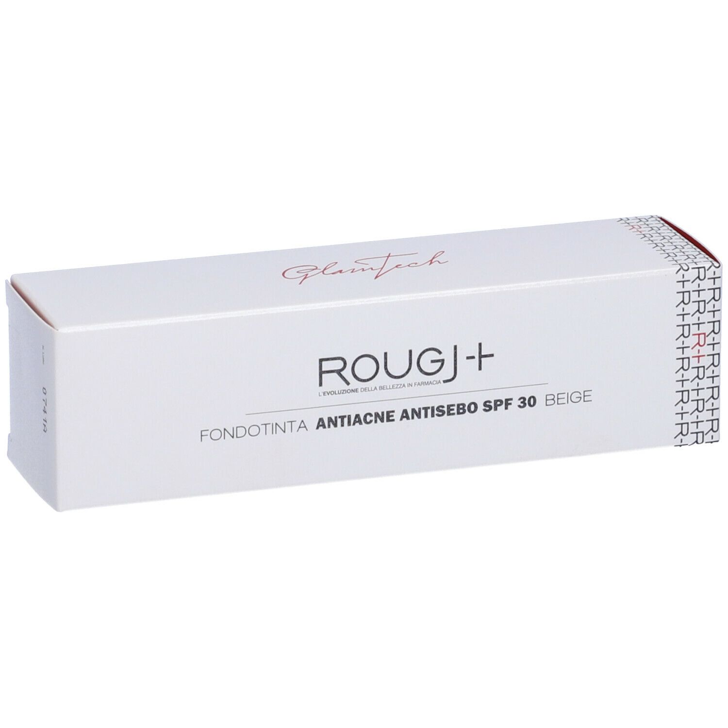 Confezione bianca con nome prodotto ROUGJ+ e descrizione. Testo: Fondotinta Antiacne Antisebo SPF 30 Beige.