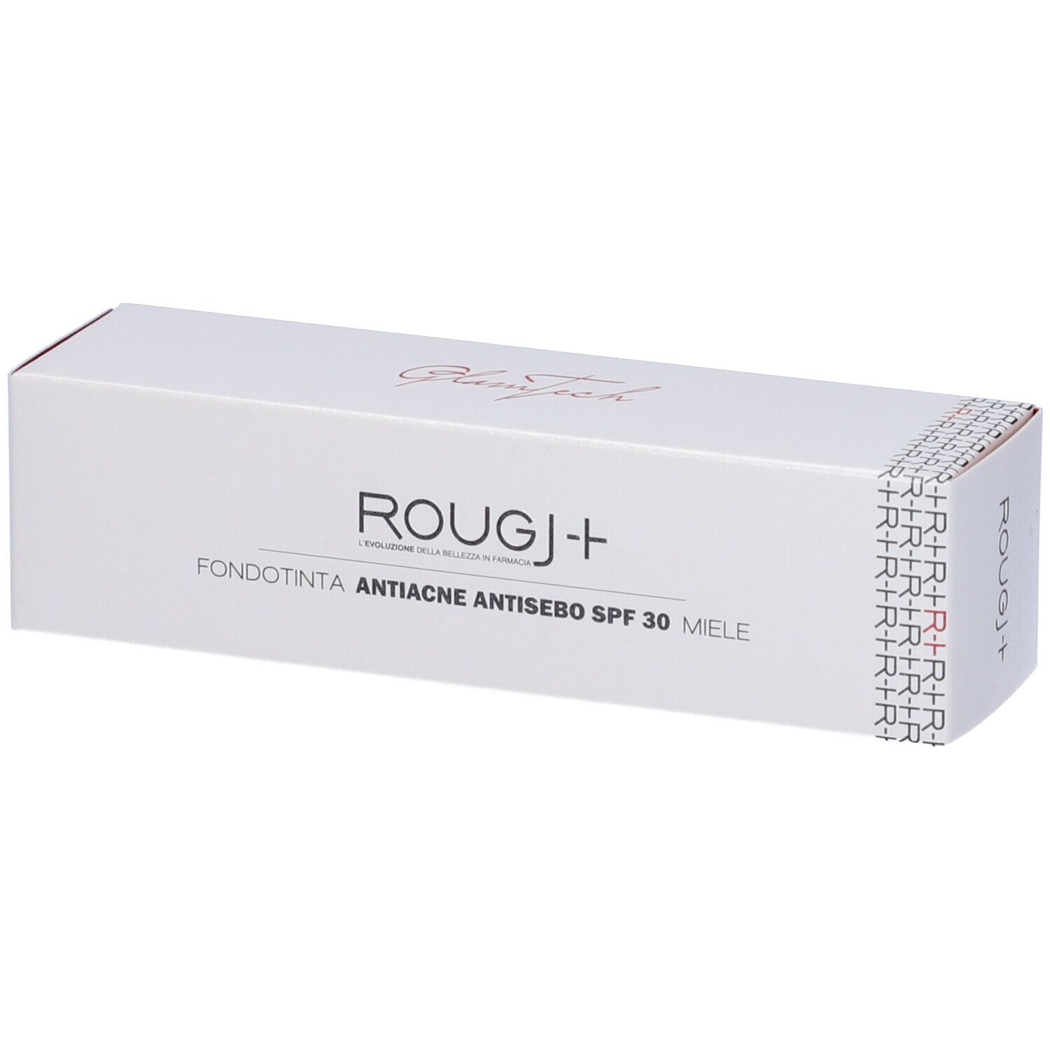 Scatola bianca con nome prodotto ROUGJ+ e descrizione. Testo: Fondotinta Antiacne Antisebo SPF 30 Miele.