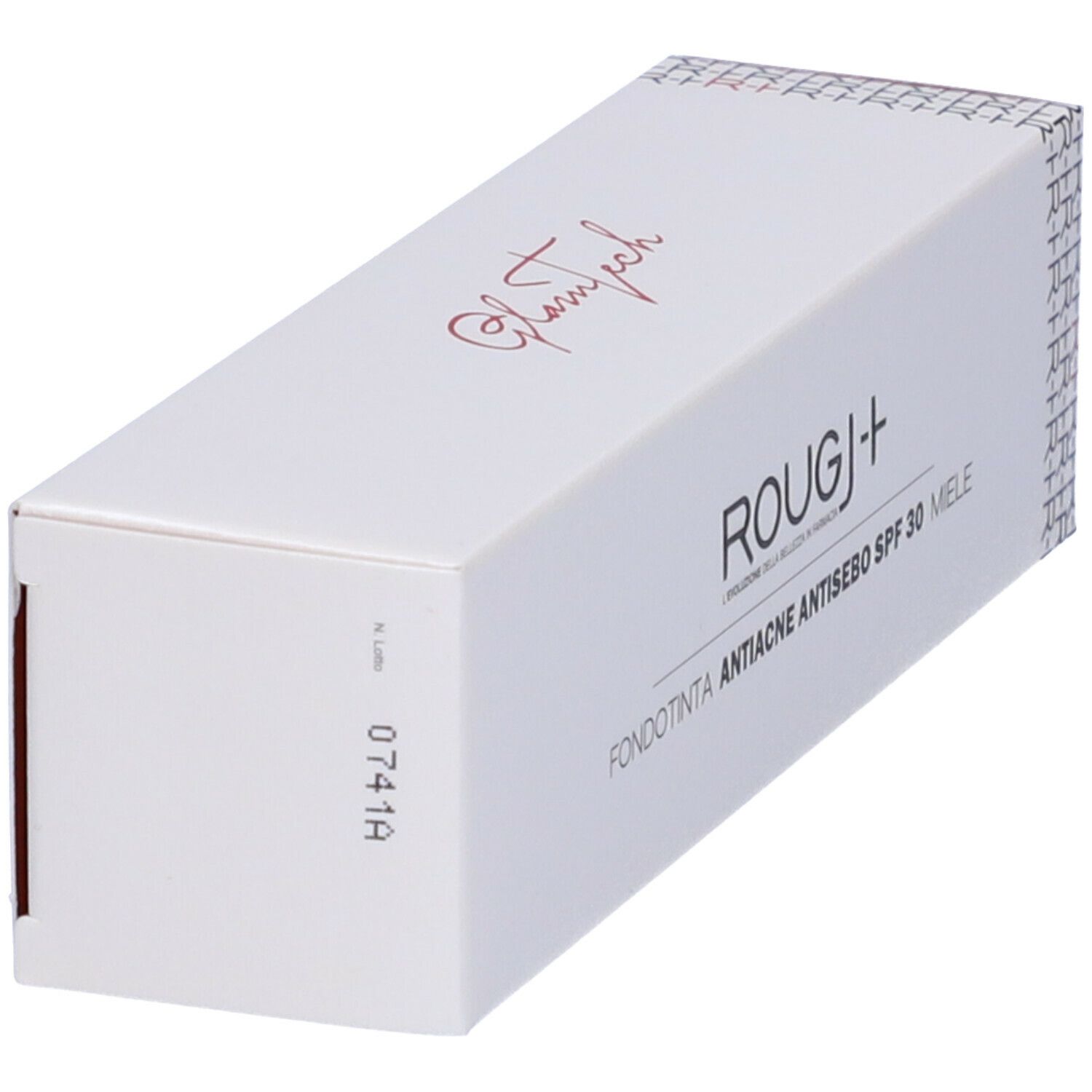 Scatola bianca, vista obliqua. Stampa: ROUGJ+, Fondotinta Antiacne Antisebo SPF 30 Miele. Laterale: Glamtech.